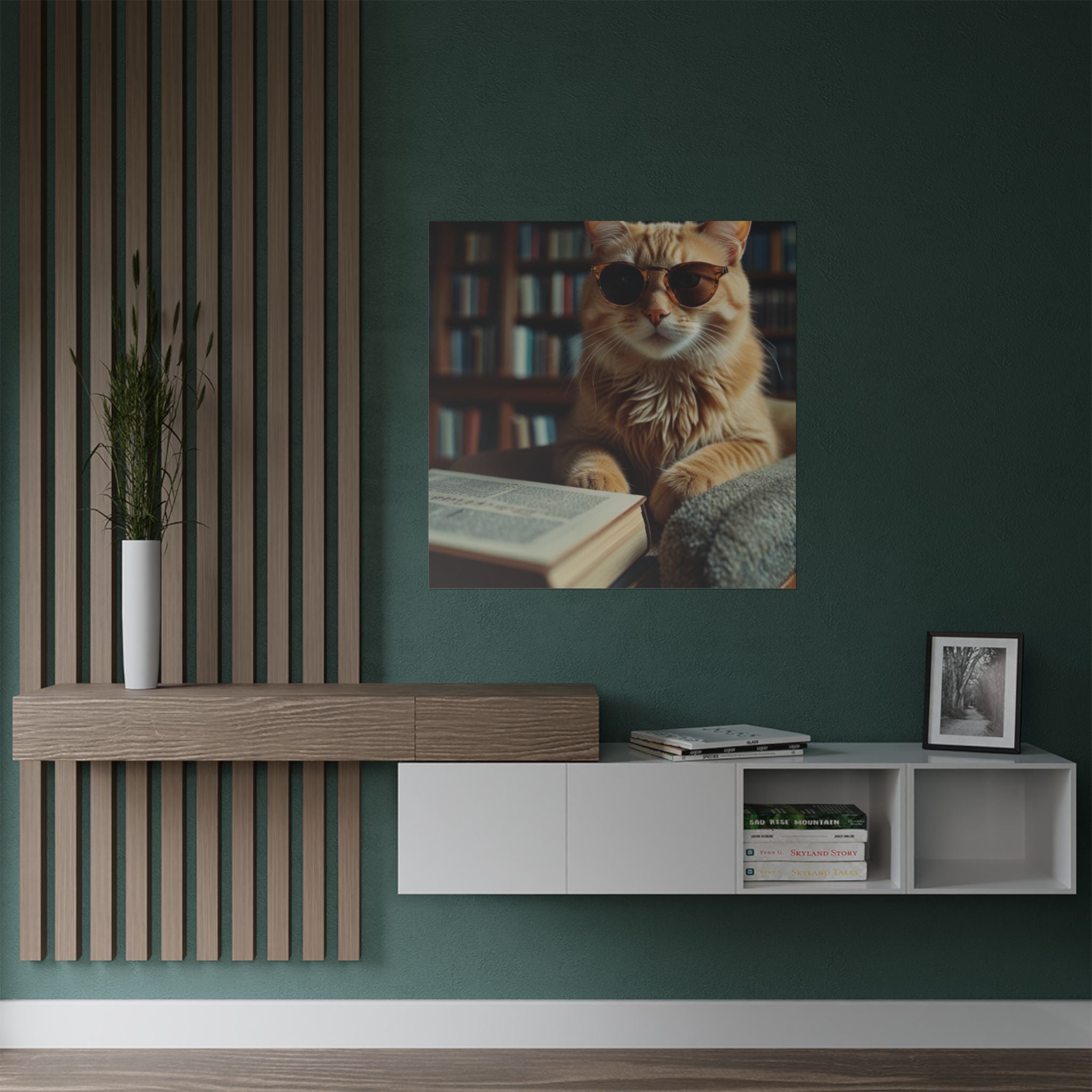 Cool Cat Reading Poster — Retro Sunglasses Cat Art Print (Satin Poster)