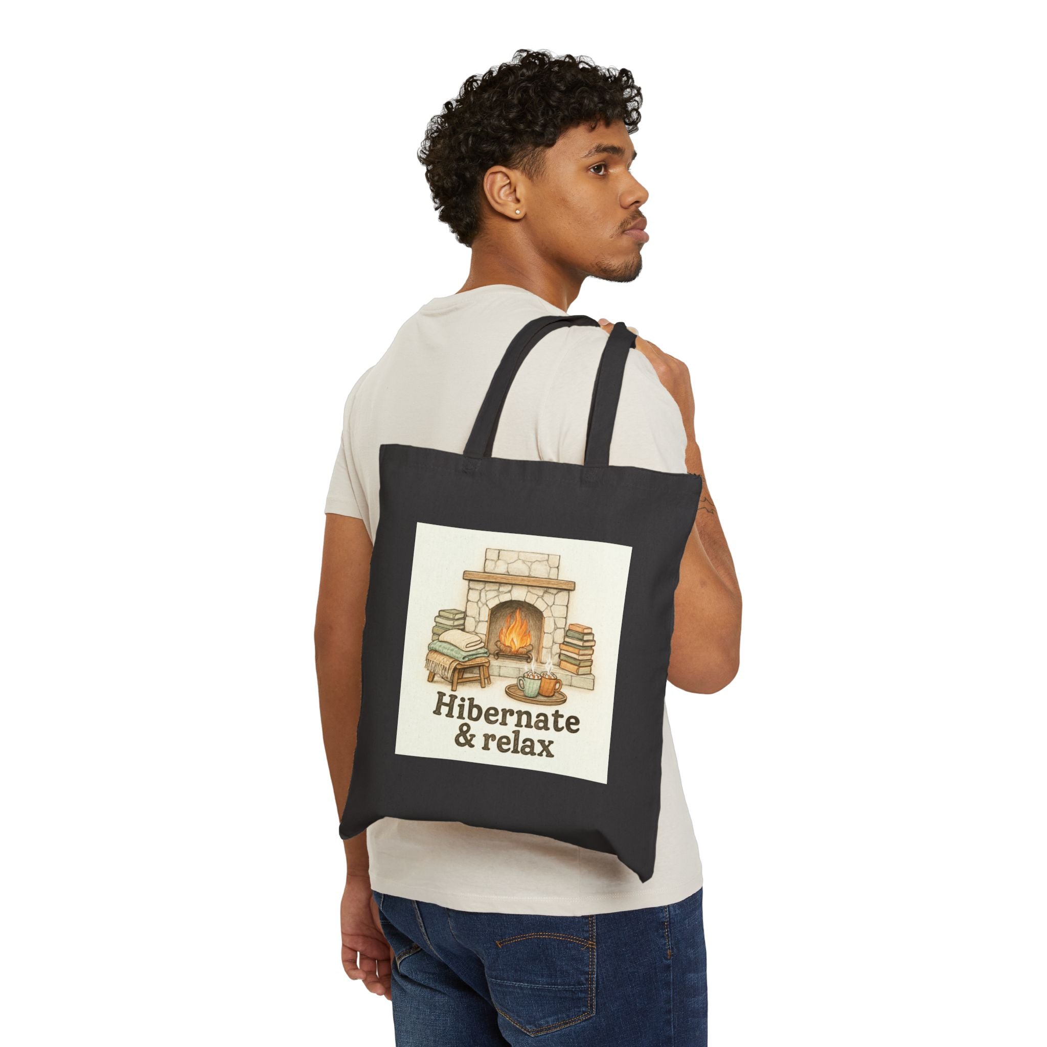 Hibernate & Relax Tote Bag — Cozy Fireplace Canvas Tote for Book Lovers
