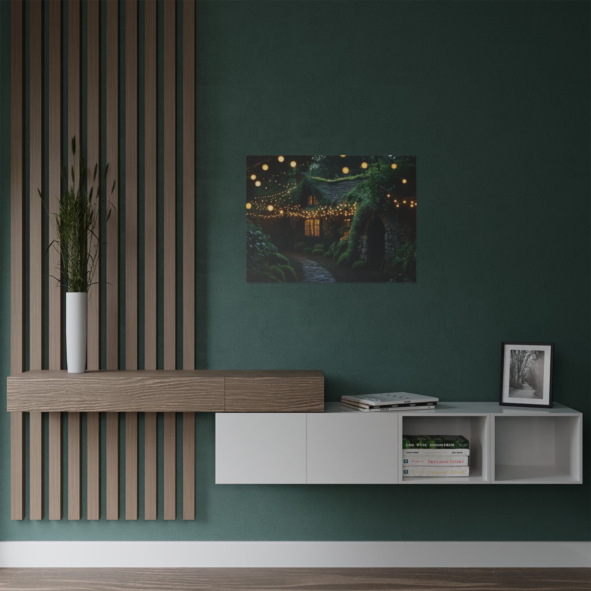 Satin Poster — Enchanted Cottage at Night Wall Art (Fairy Lights, 300gsm)