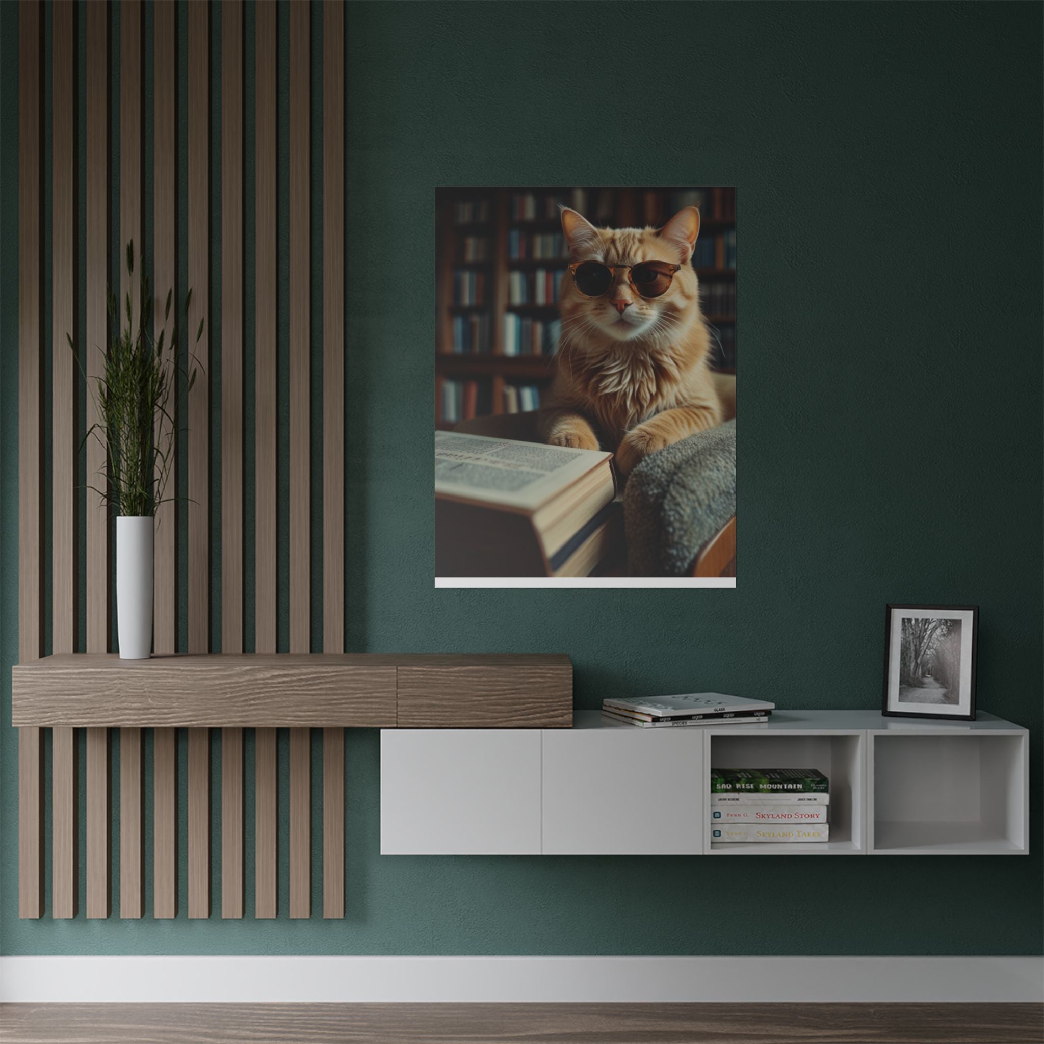 Cool Cat Reading Poster — Retro Sunglasses Cat Art Print (Satin Poster)