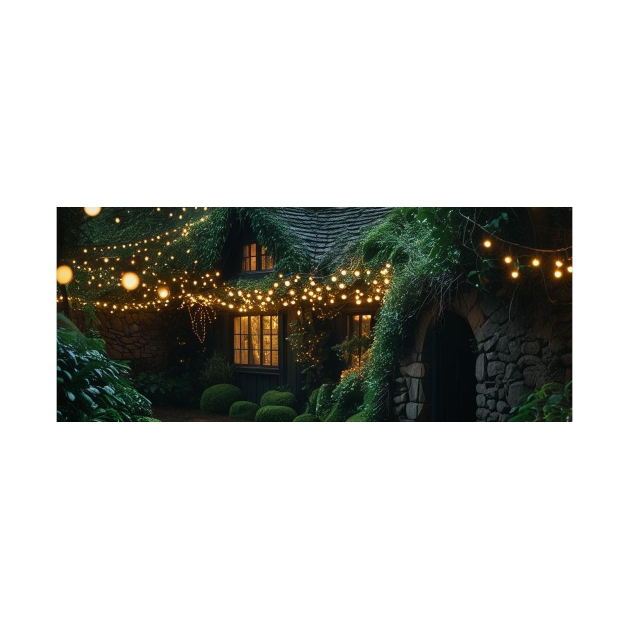 Satin Poster — Enchanted Cottage at Night Wall Art (Fairy Lights, 300gsm)