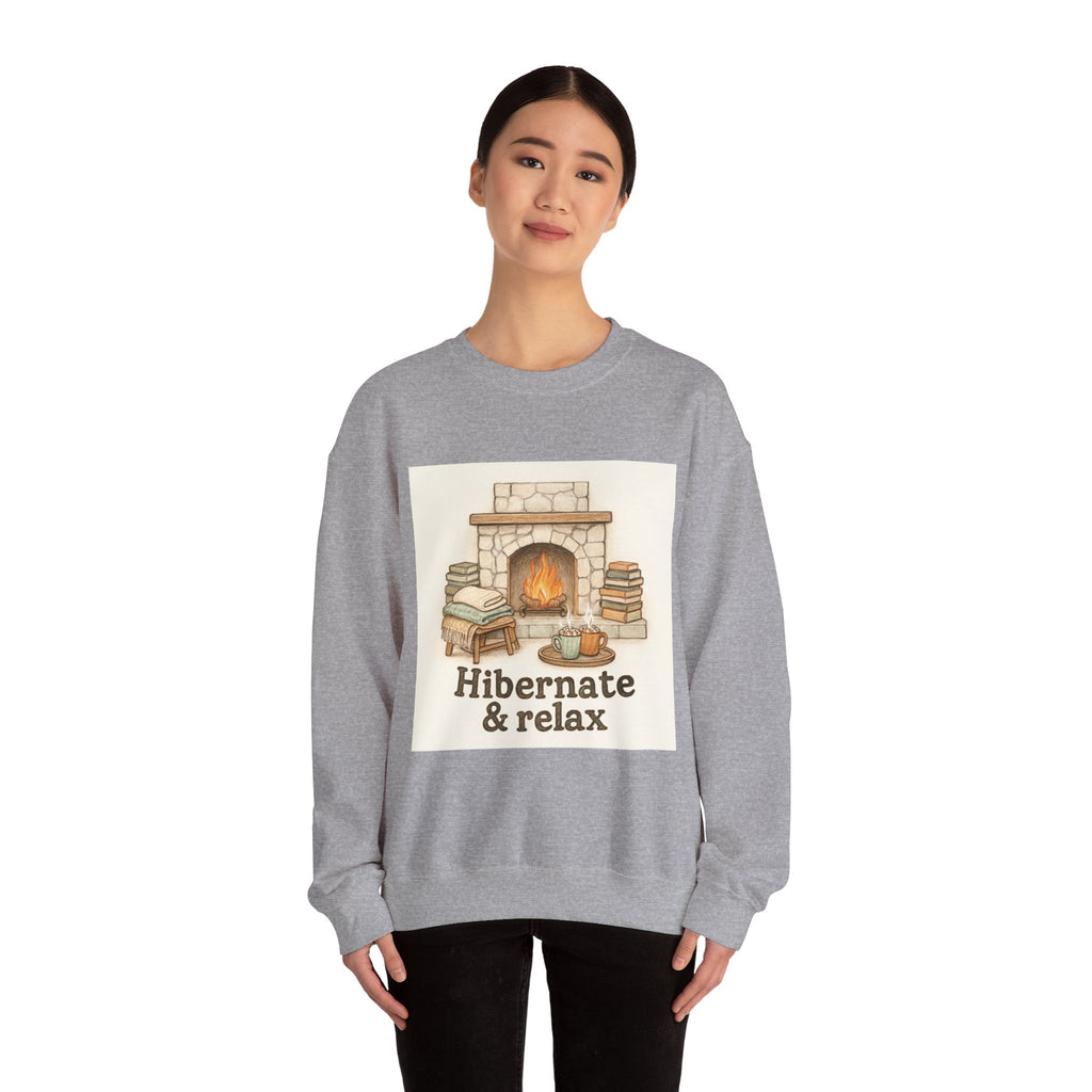 Crewneck Sweatshirt – "Hibernate & Relax" Cozy Fireplace Reading Sweatshirt