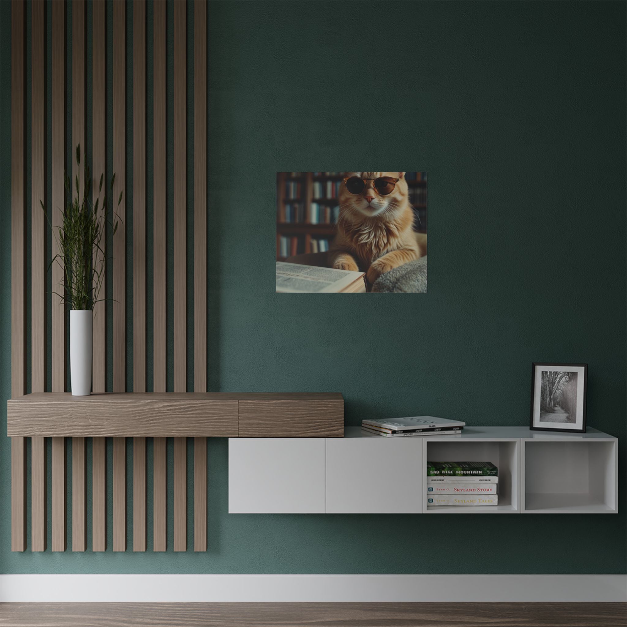 Cool Cat Reading Poster — Retro Sunglasses Cat Art Print (Satin Poster)