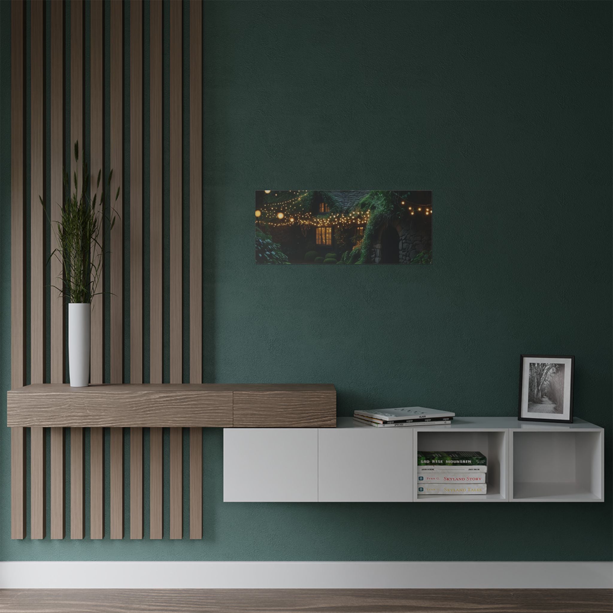 Satin Poster — Enchanted Cottage at Night Wall Art (Fairy Lights, 300gsm)