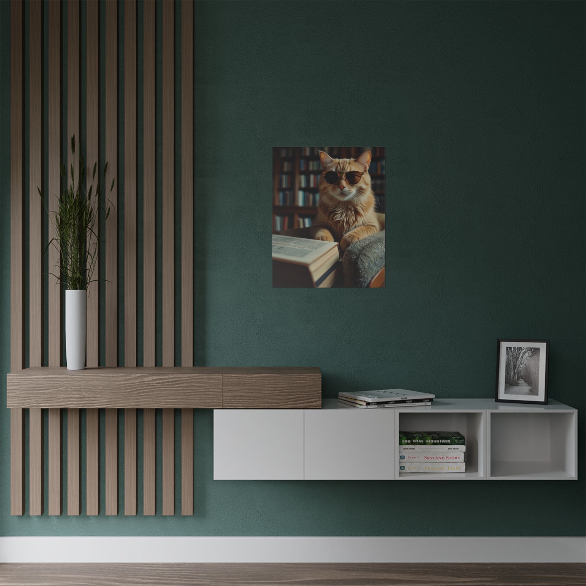 Cool Cat Reading Poster — Retro Sunglasses Cat Art Print (Satin Poster)