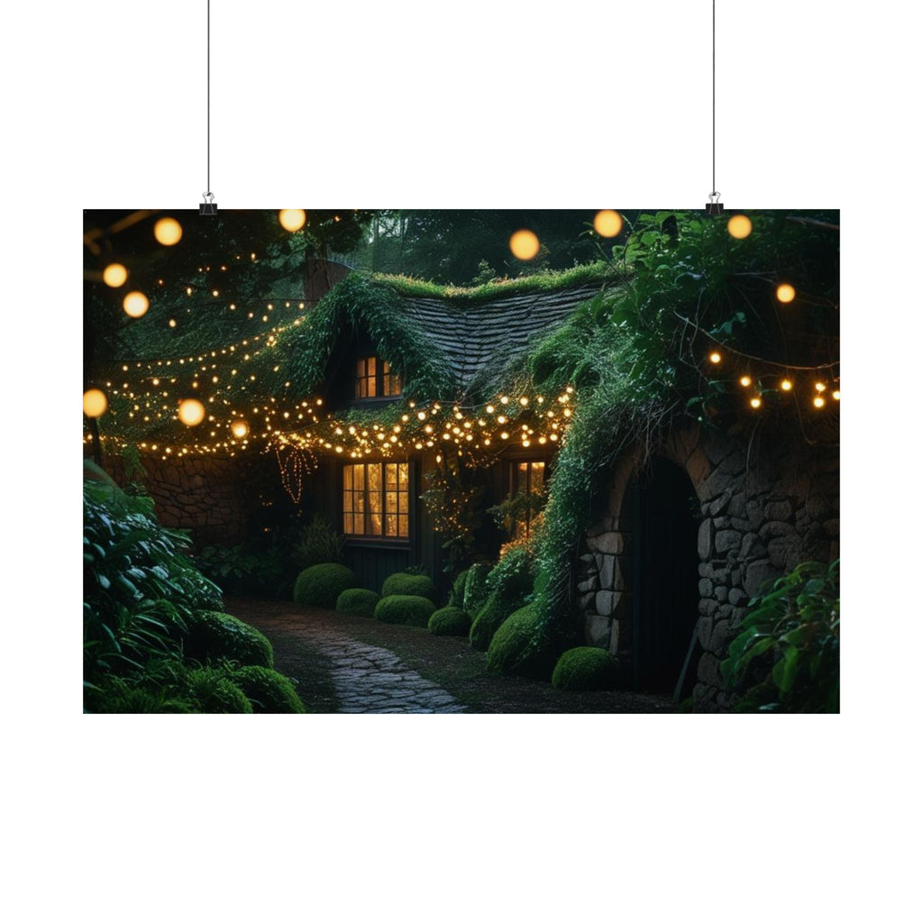 Satin Poster — Enchanted Cottage at Night Wall Art (Fairy Lights, 300gsm)