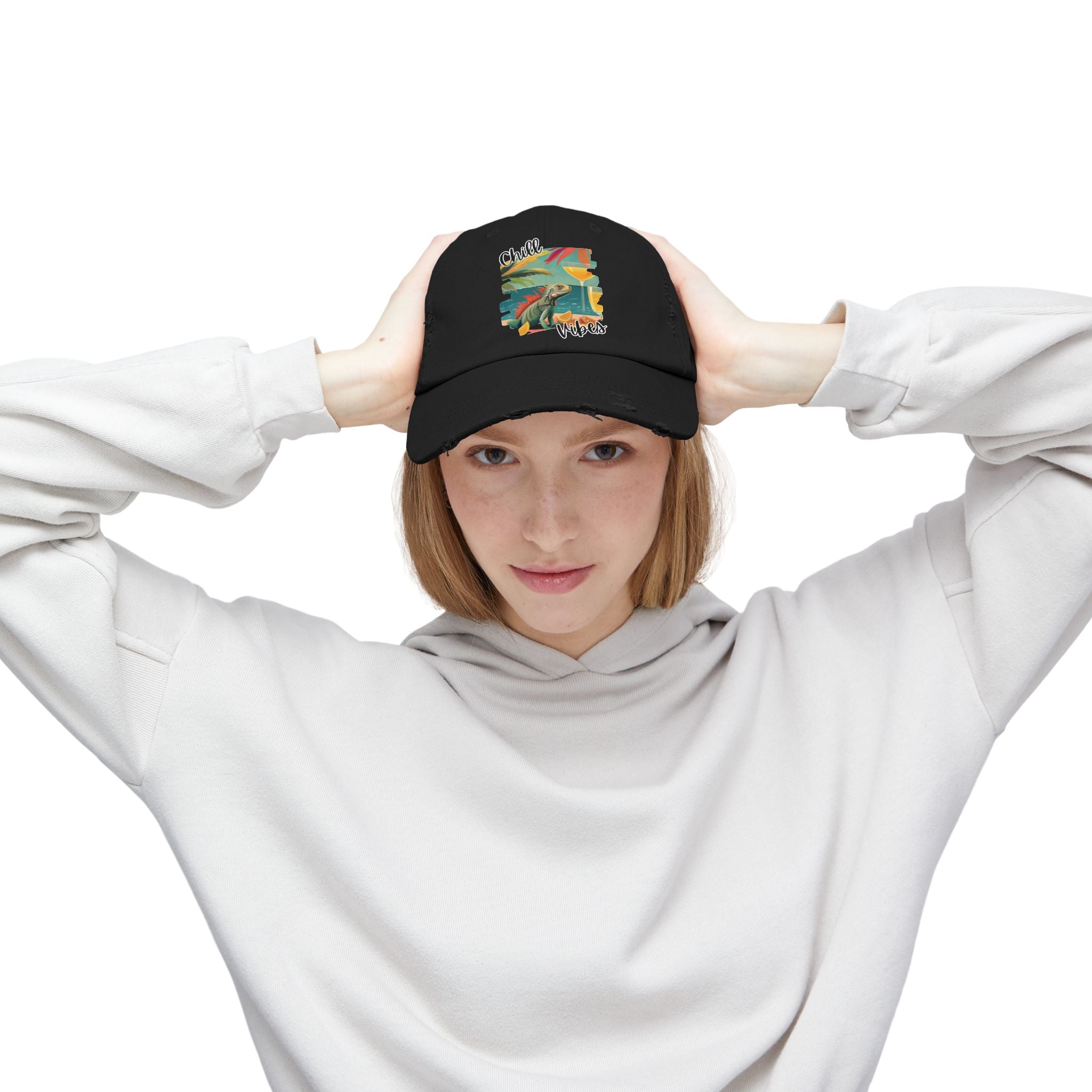 Chill Vibes Distressed Cap - Retro Surf Frog Beach Hat