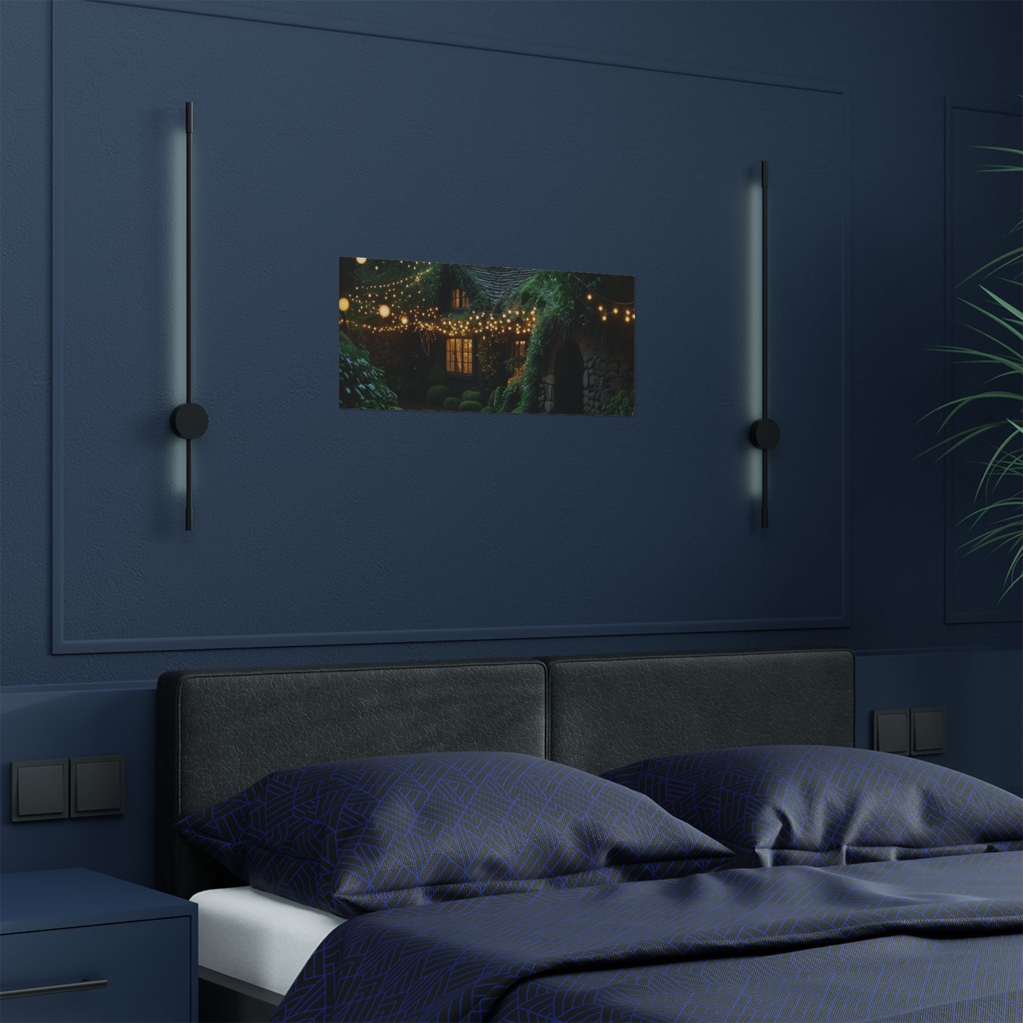 Satin Poster — Enchanted Cottage at Night Wall Art (Fairy Lights, 300gsm)