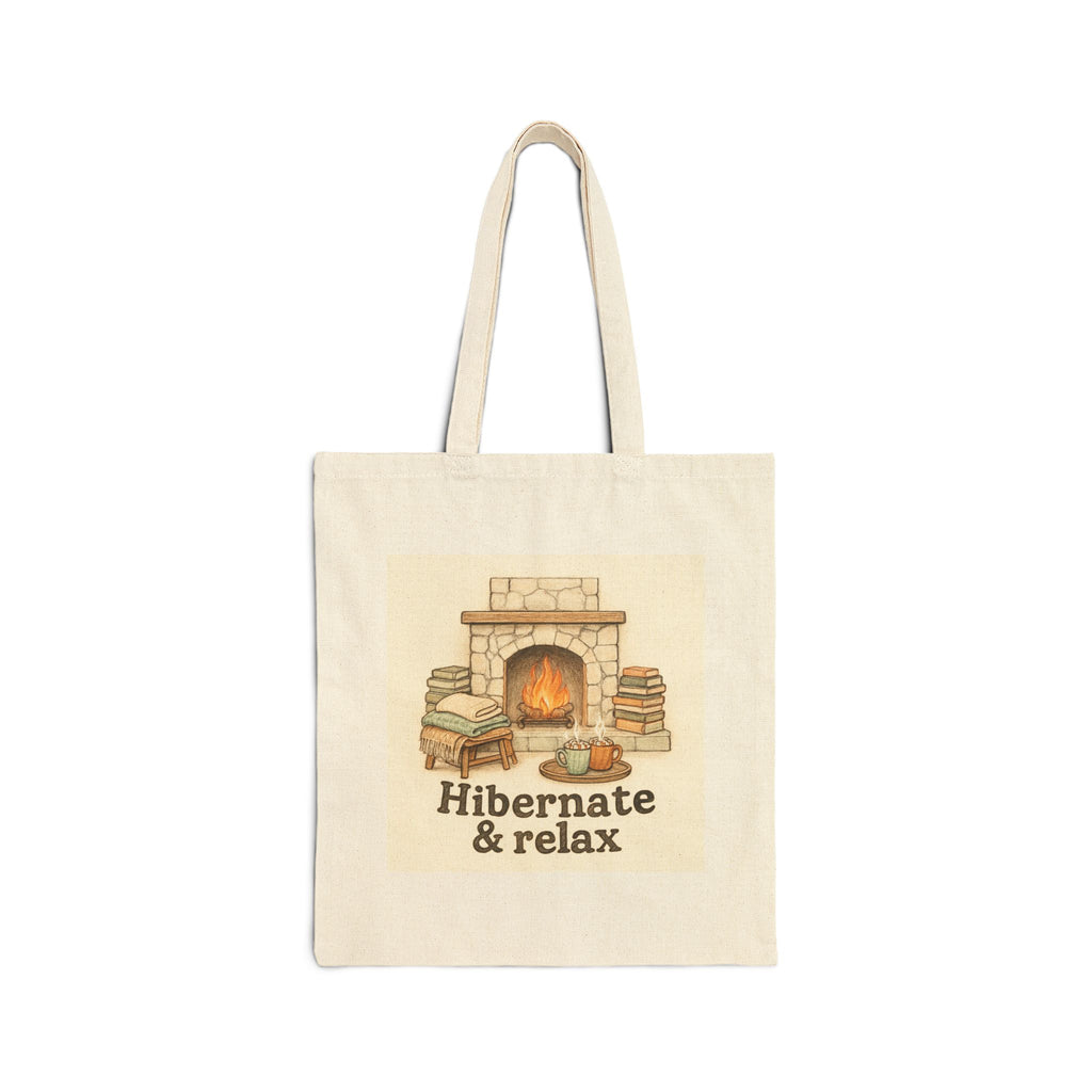 Hibernate & Relax Tote Bag — Cozy Fireplace Canvas Tote for Book Lovers