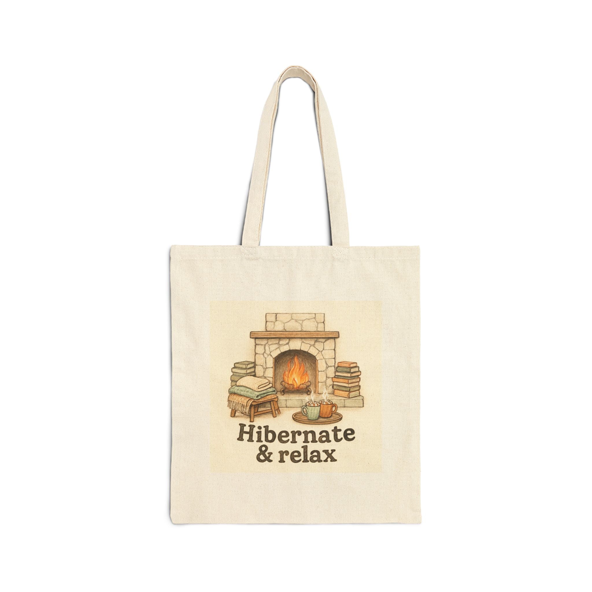 Hibernate & Relax Tote Bag — Cozy Fireplace Canvas Tote for Book Lovers