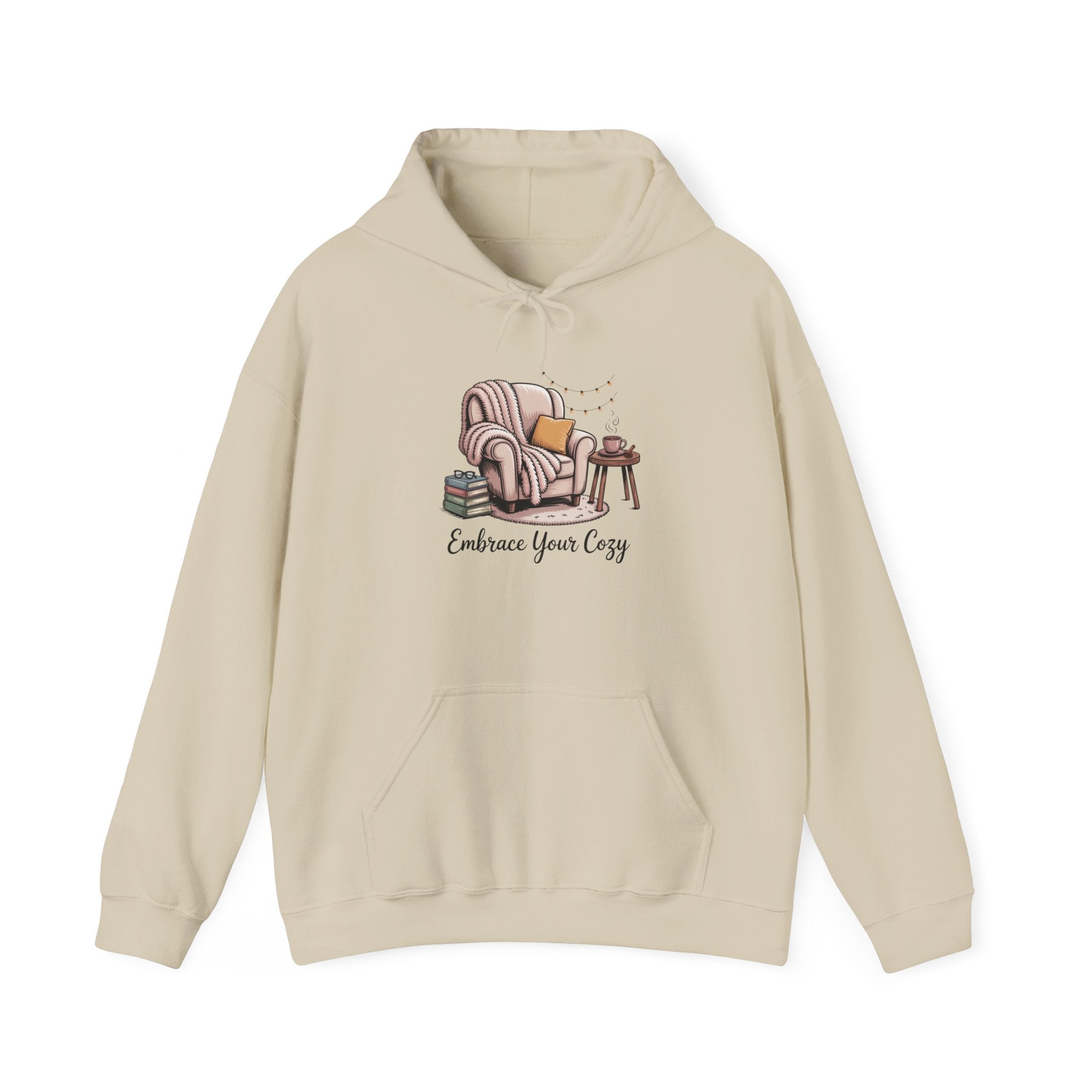 Cozy Reading Hoodie – "Embrace Your Cozy" Armchair Graphic Sweatshirt