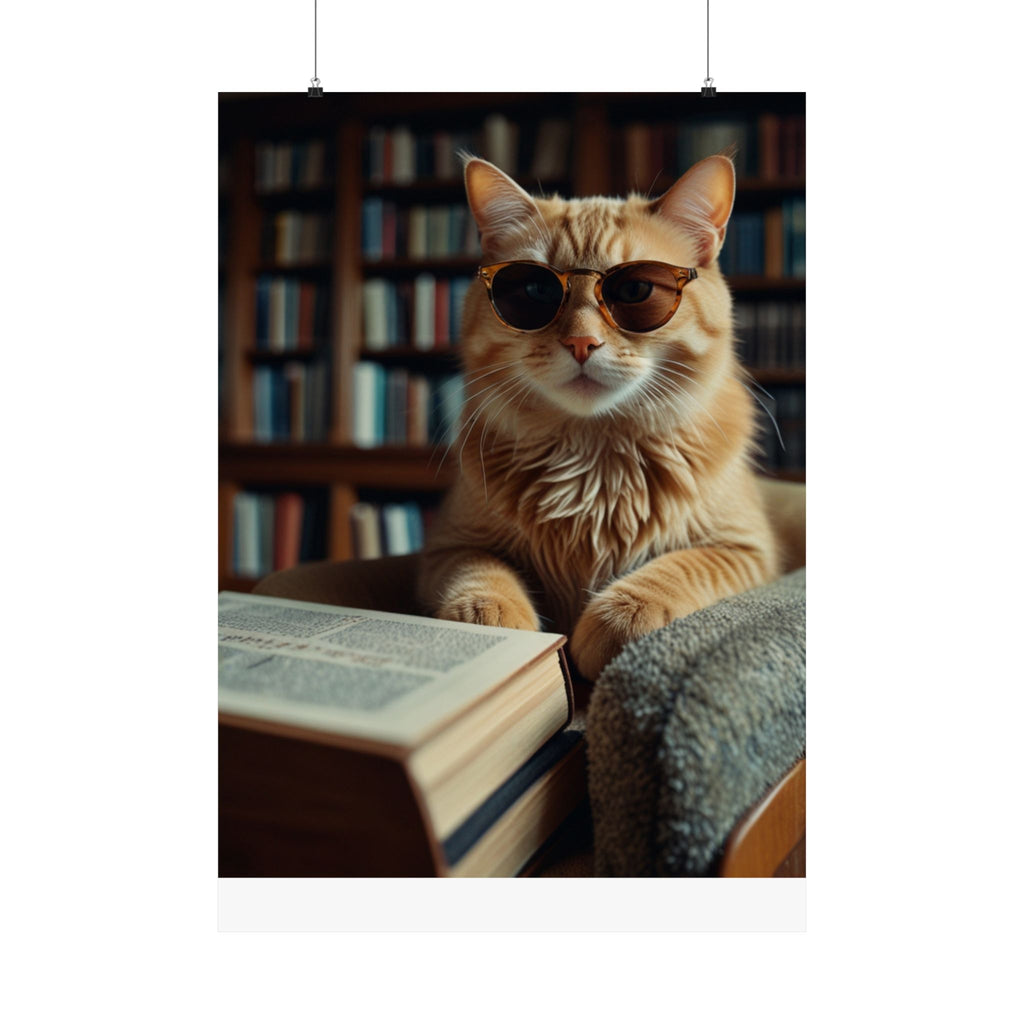 Cool Cat Reading Poster — Retro Sunglasses Cat Art Print (Satin Poster)