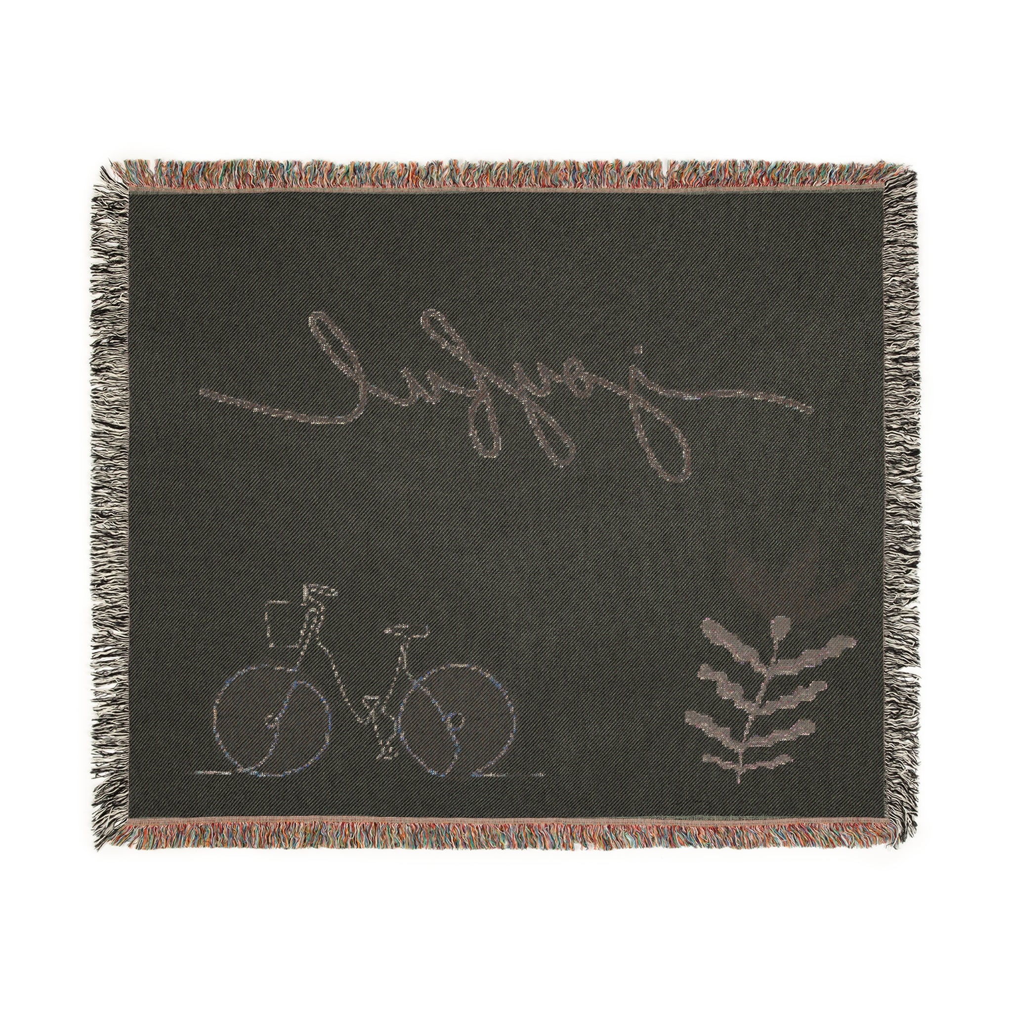 Joyful Bicycle Woven Blanket – Cozy Decorative Throw with Script Text & Floral Motif