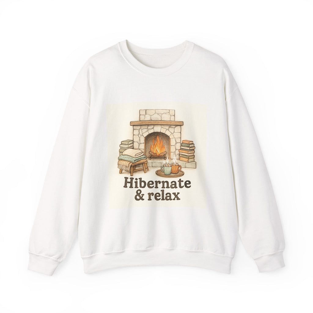 Crewneck Sweatshirt – "Hibernate & Relax" Cozy Fireplace Reading Sweatshirt