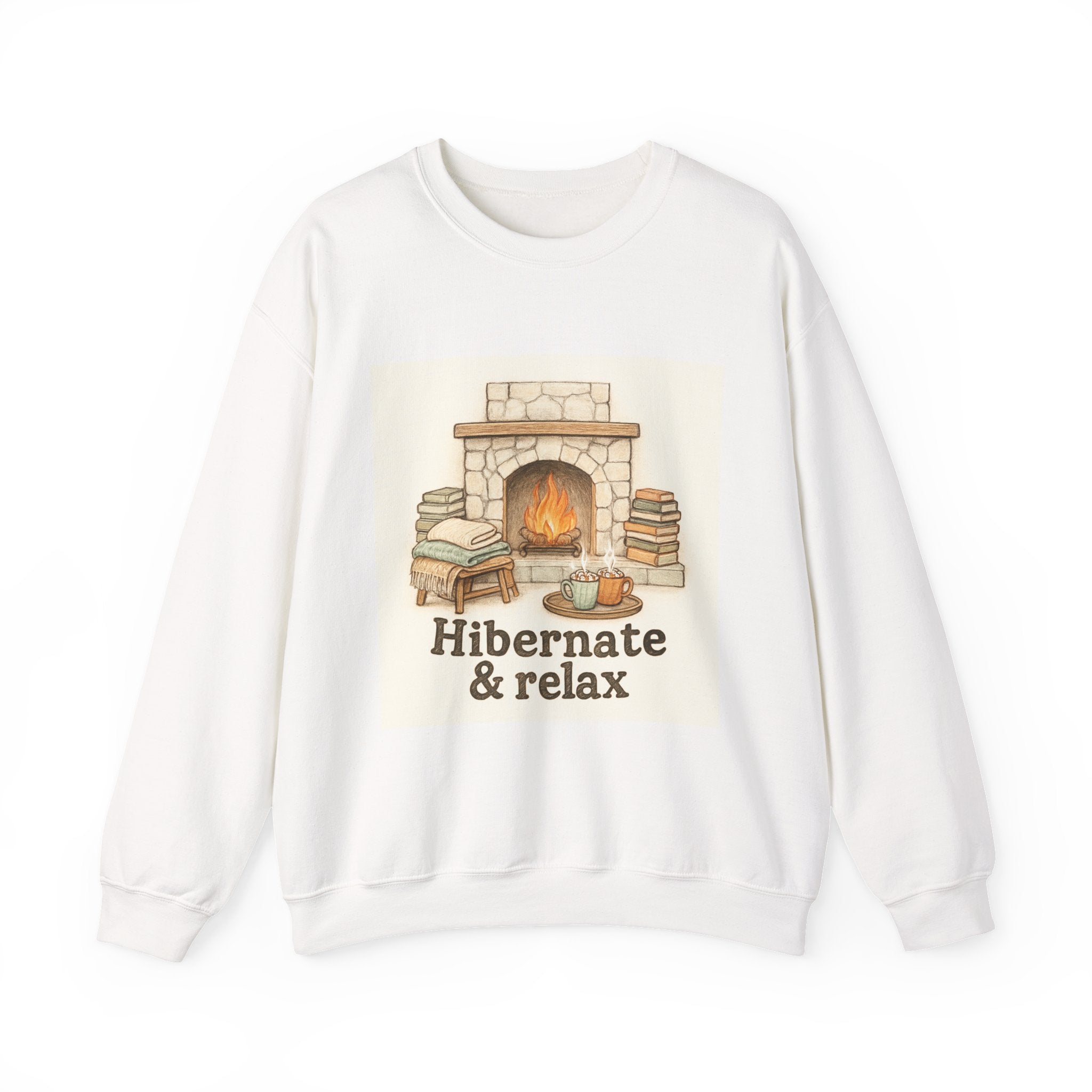 Crewneck Sweatshirt – "Hibernate & Relax" Cozy Fireplace Reading Sweatshirt