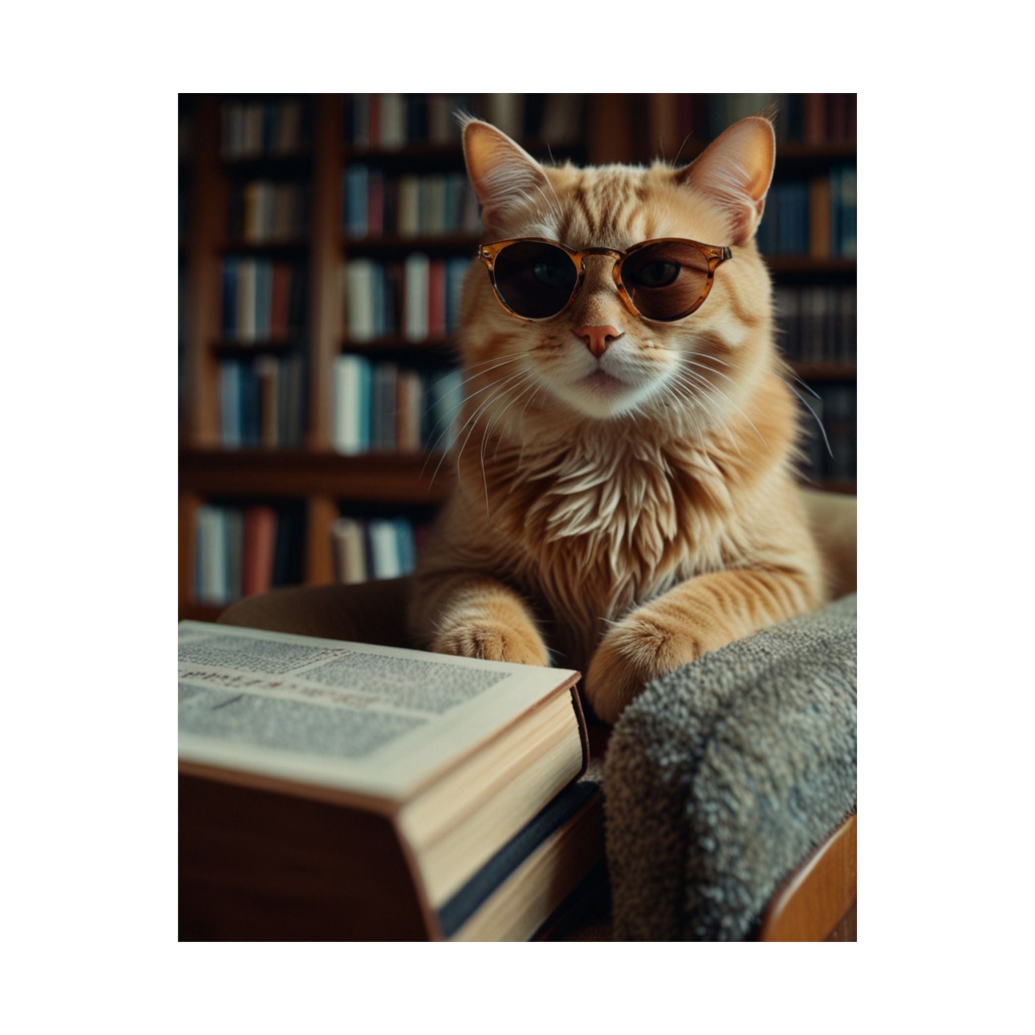 Cool Cat Reading Poster — Retro Sunglasses Cat Art Print (Satin Poster)