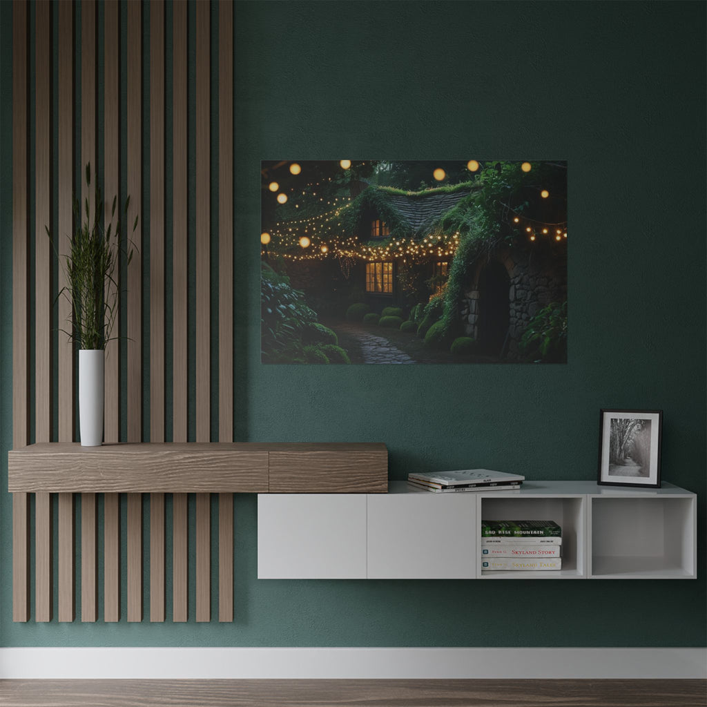Satin Poster — Enchanted Cottage at Night Wall Art (Fairy Lights, 300gsm)