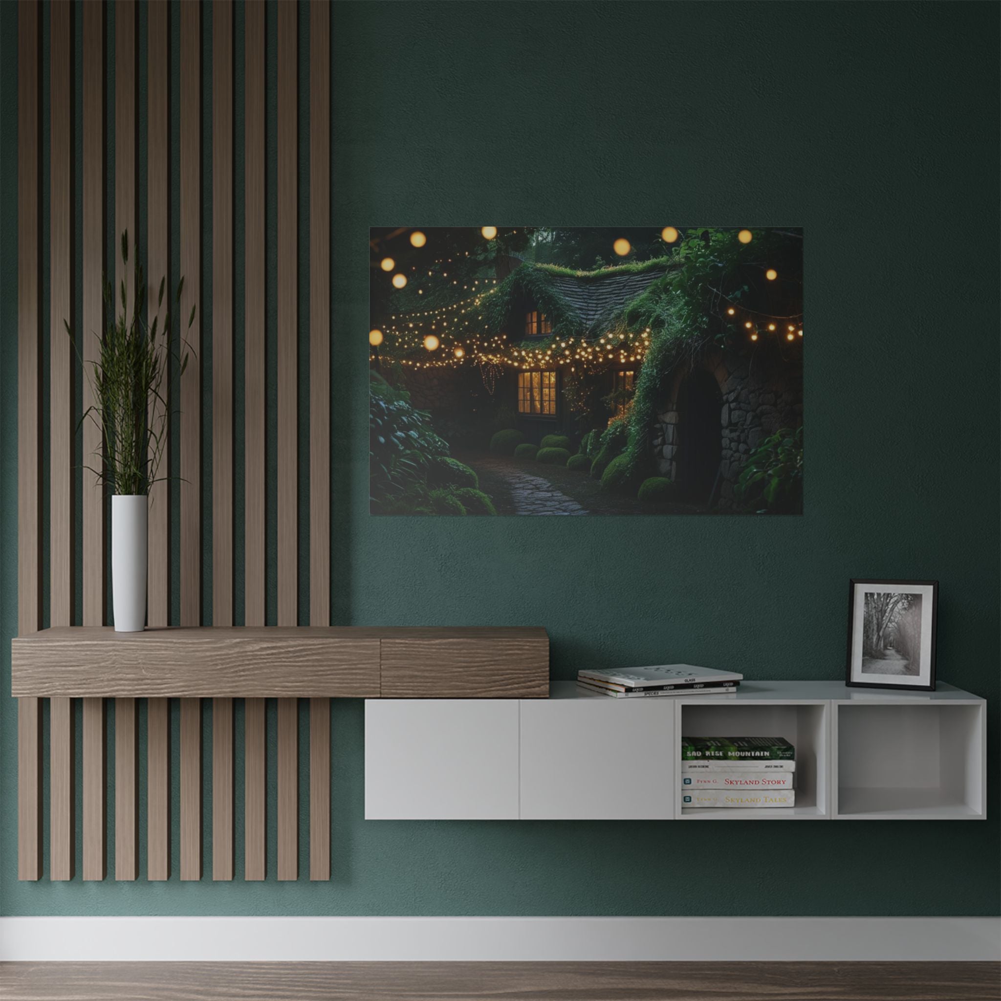 Satin Poster — Enchanted Cottage at Night Wall Art (Fairy Lights, 300gsm)