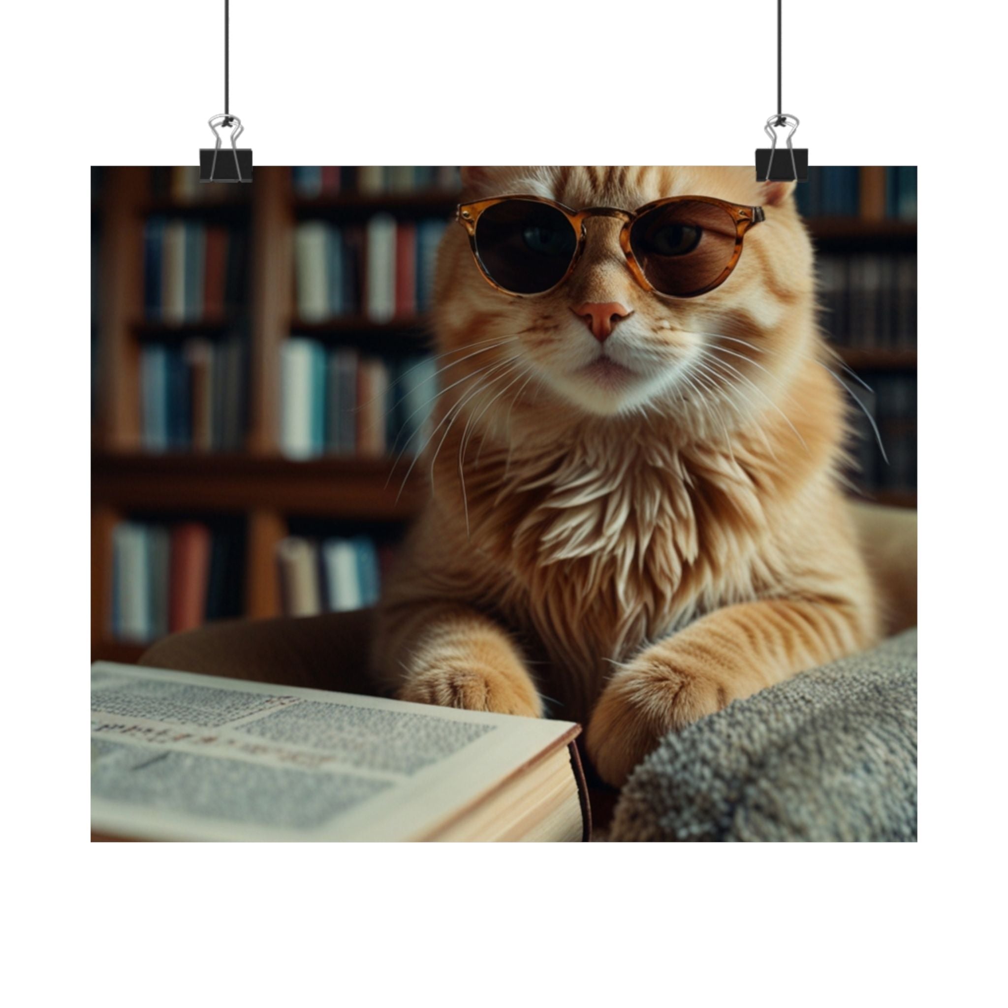 Cool Cat Reading Poster — Retro Sunglasses Cat Art Print (Satin Poster)