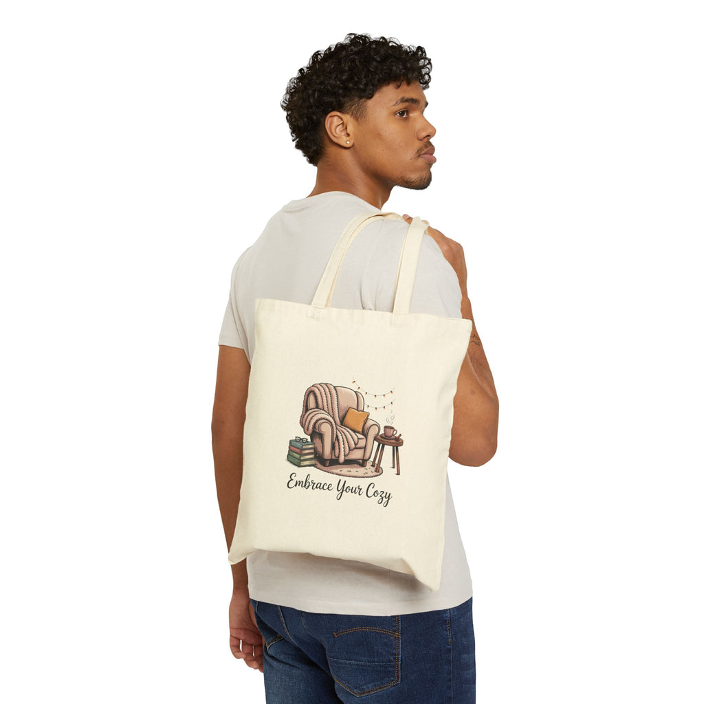 Tote Bag — "Embrace Your Cozy" Armchair Canvas Tote for Book Lovers & Cozy Home Vibes