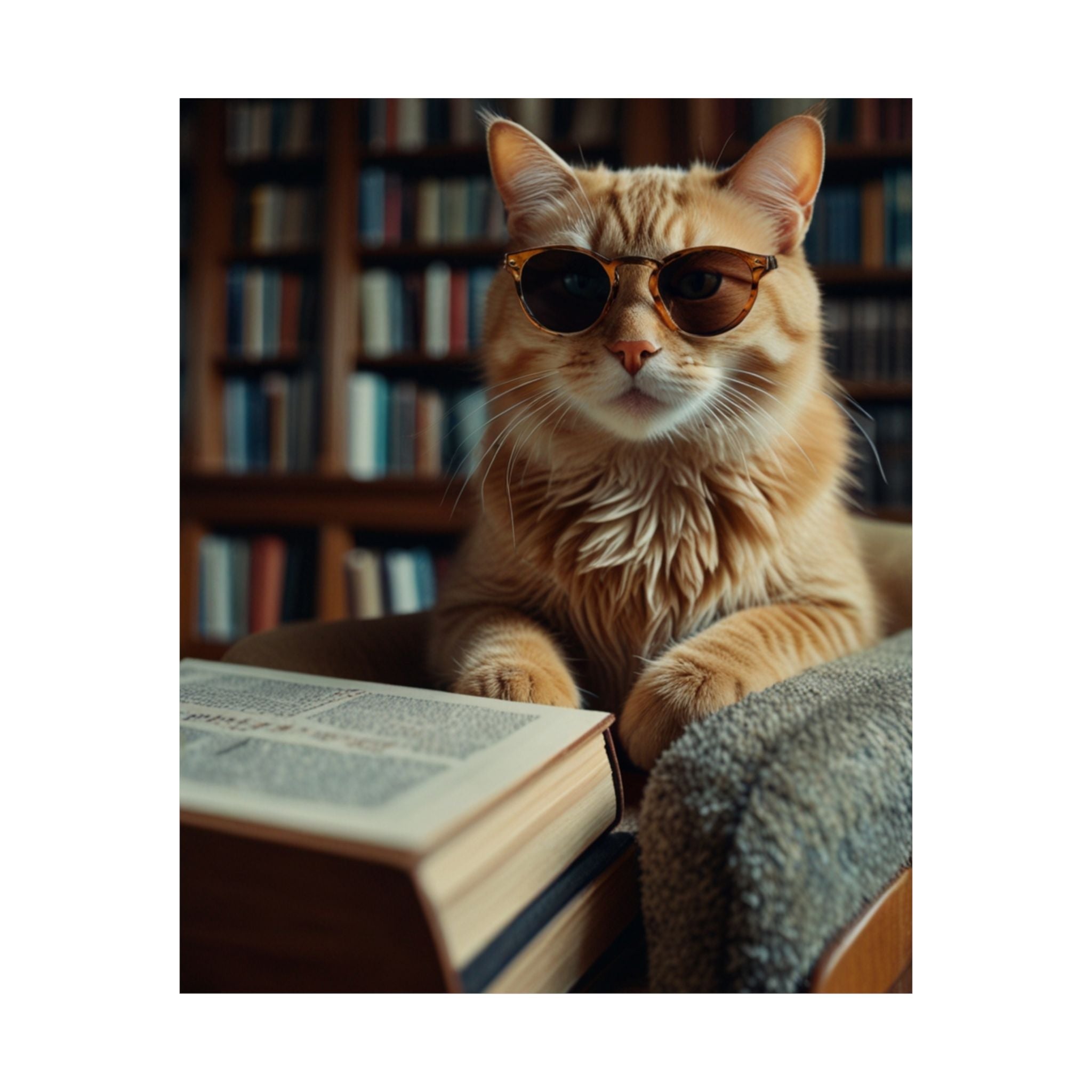 Cool Cat Reading Poster — Retro Sunglasses Cat Art Print (Satin Poster)
