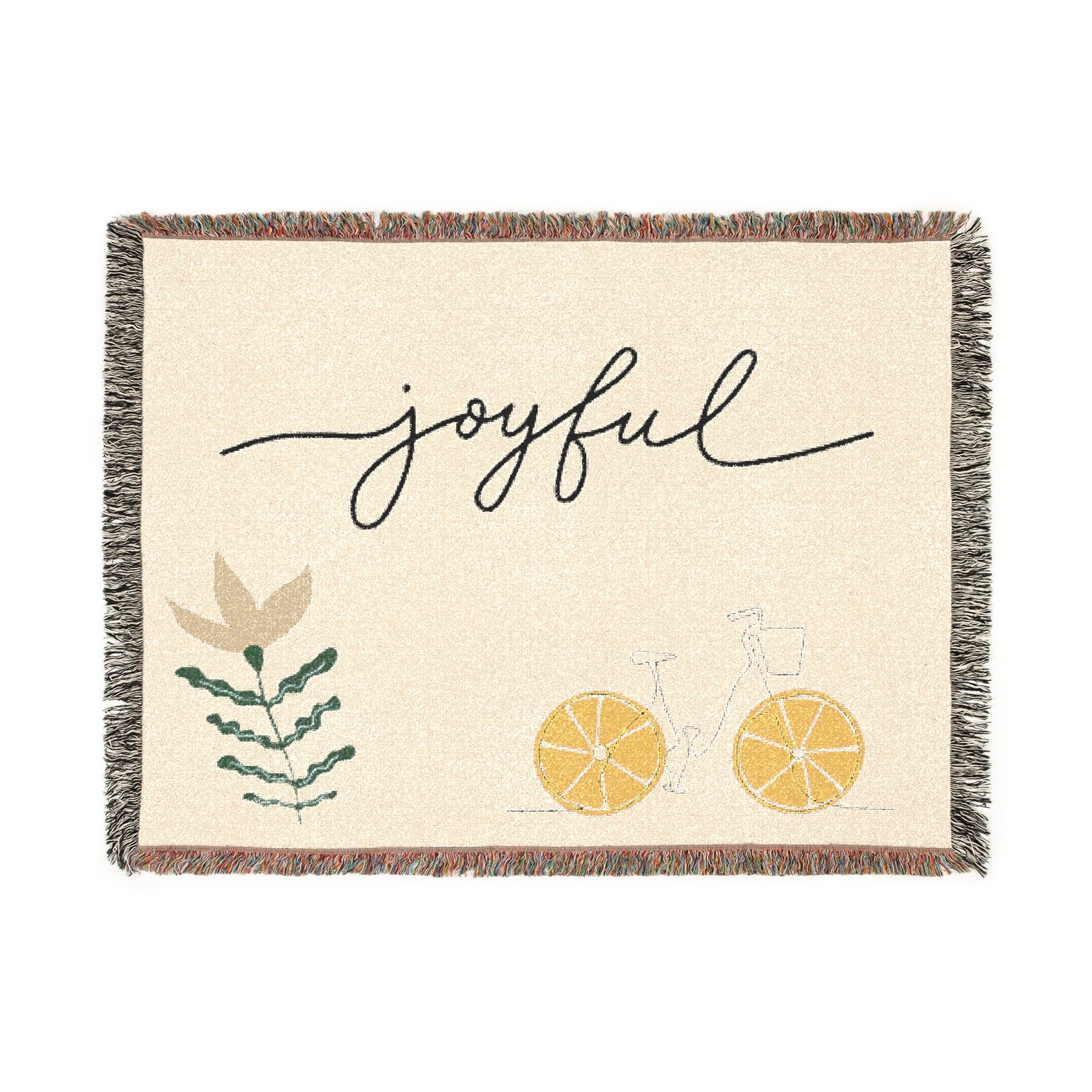 Joyful Bicycle Woven Blanket – Cozy Decorative Throw with Script Text & Floral Motif
