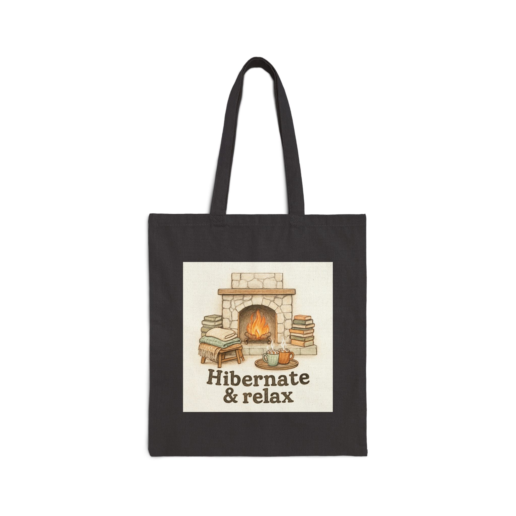 Hibernate & Relax Tote Bag — Cozy Fireplace Canvas Tote for Book Lovers
