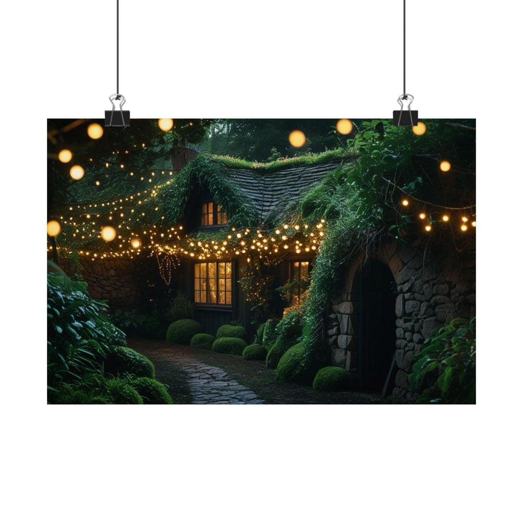 Satin Poster — Enchanted Cottage at Night Wall Art (Fairy Lights, 300gsm)