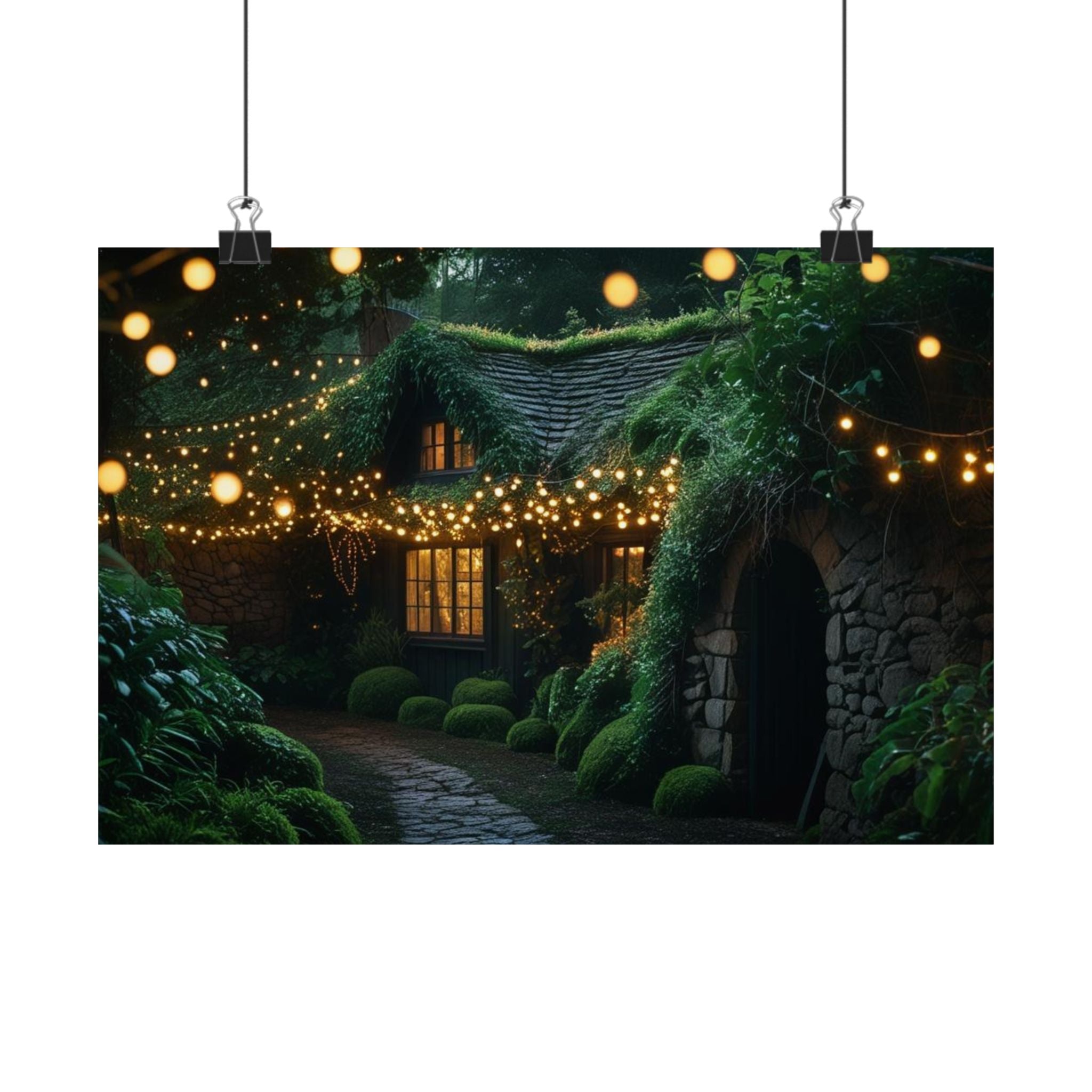Satin Poster — Enchanted Cottage at Night Wall Art (Fairy Lights, 300gsm)