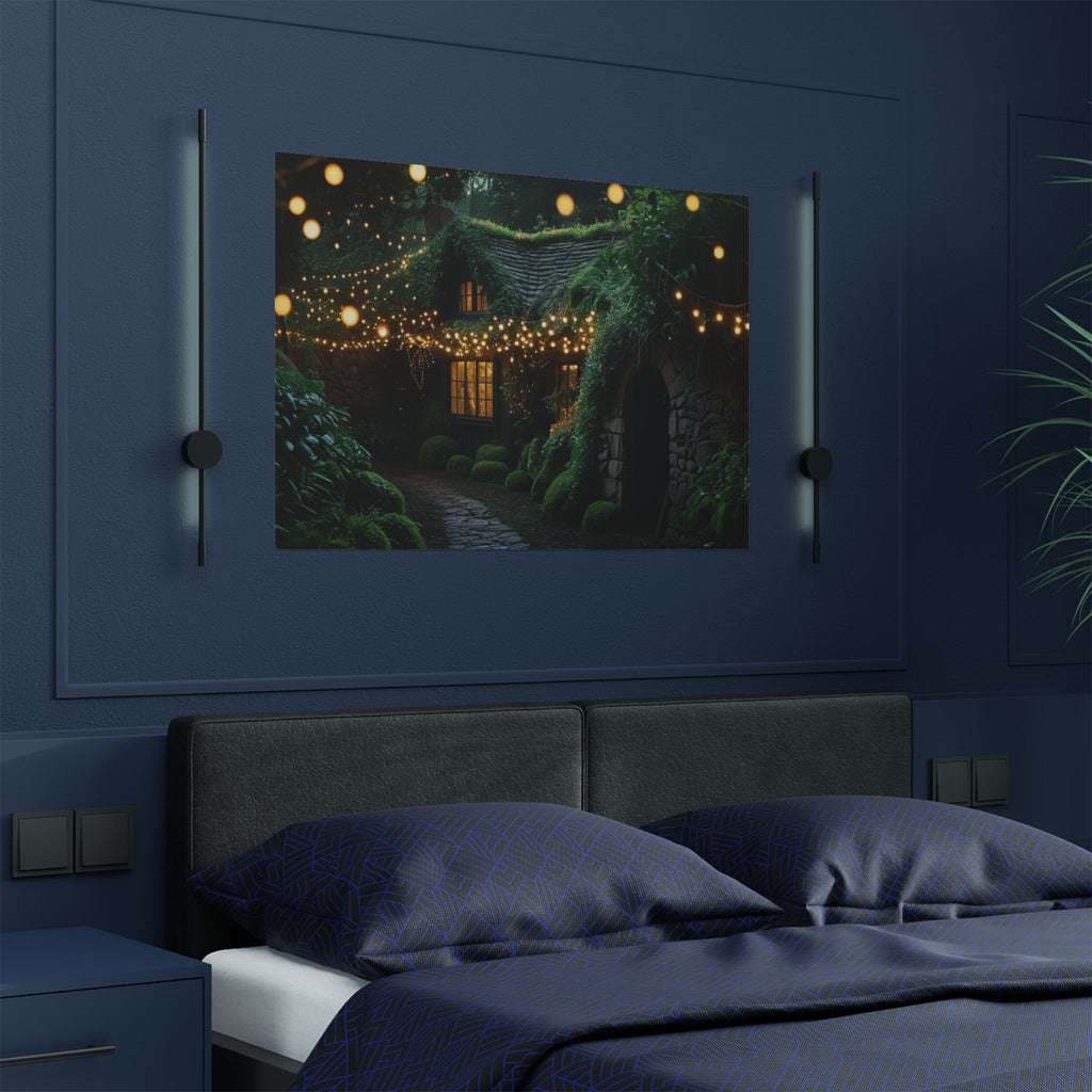Satin Poster — Enchanted Cottage at Night Wall Art (Fairy Lights, 300gsm)