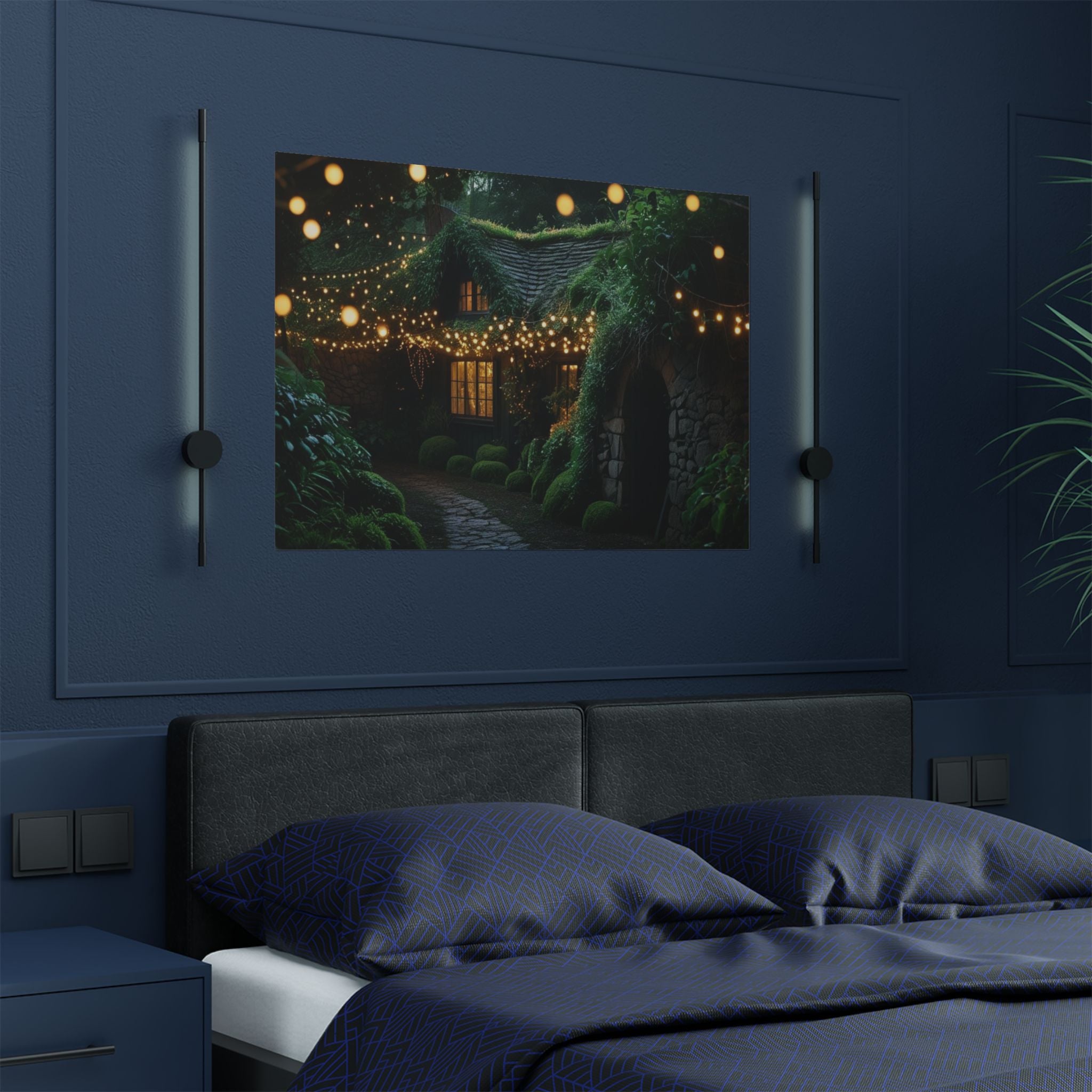 Satin Poster — Enchanted Cottage at Night Wall Art (Fairy Lights, 300gsm)