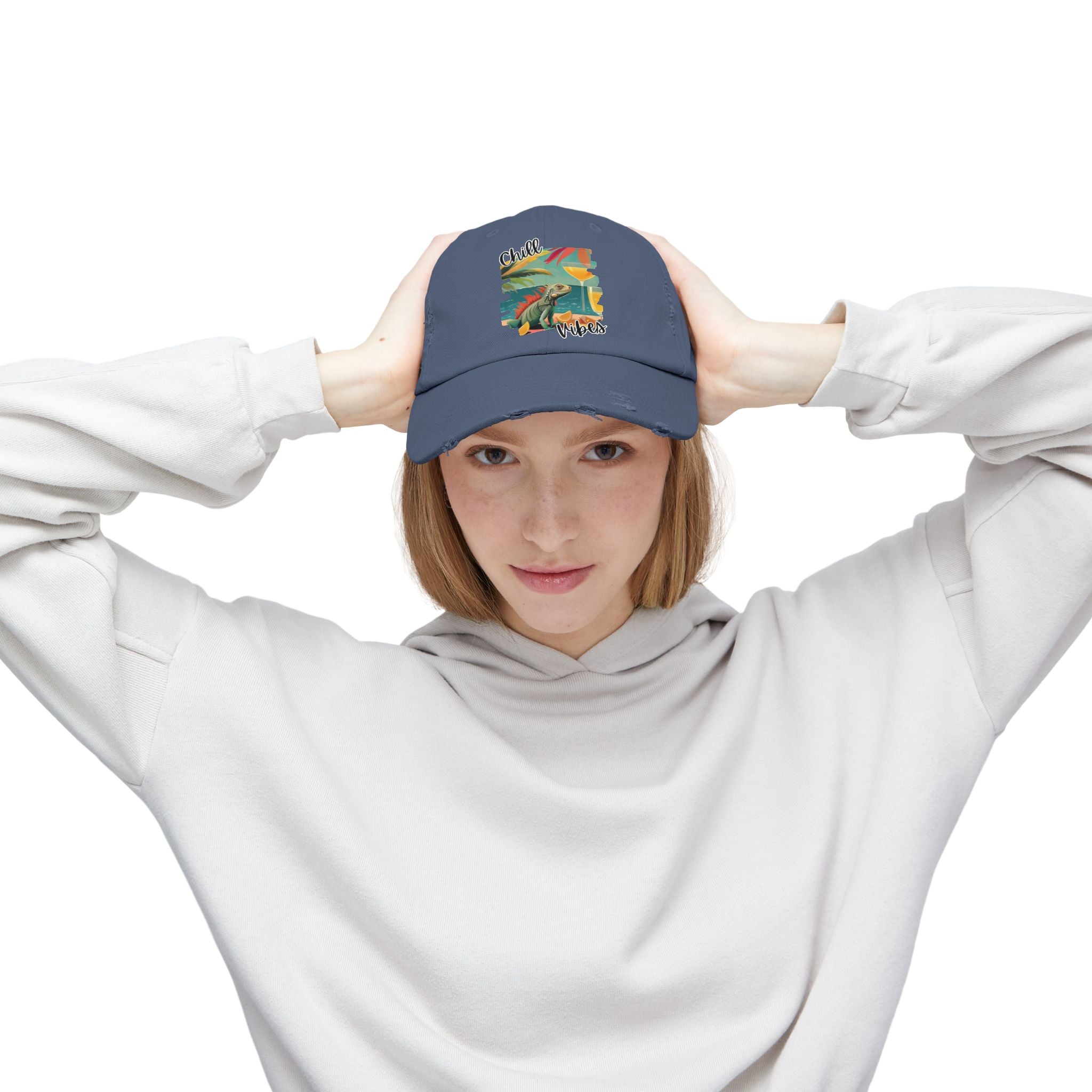 Chill Vibes Distressed Cap - Retro Surf Frog Beach Hat