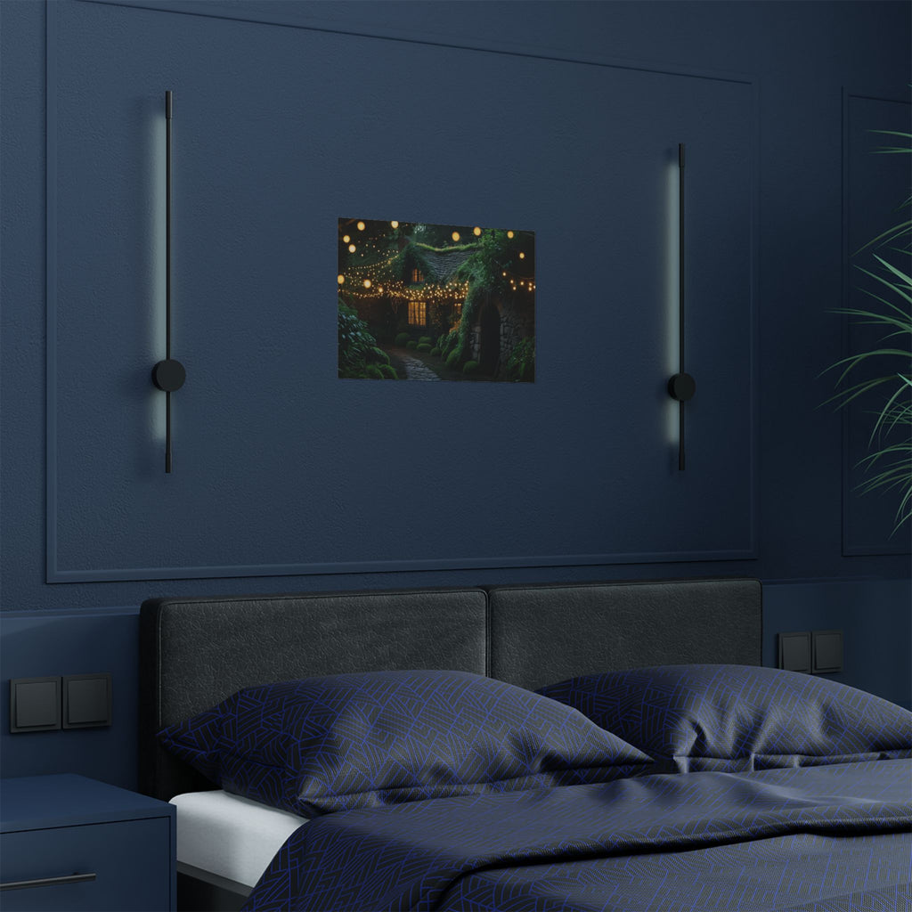 Satin Poster — Enchanted Cottage at Night Wall Art (Fairy Lights, 300gsm)