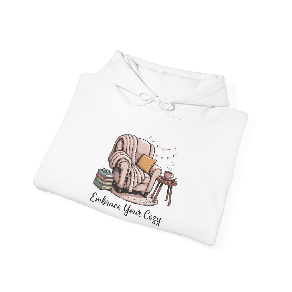 Cozy Reading Hoodie – "Embrace Your Cozy" Armchair Graphic Sweatshirt