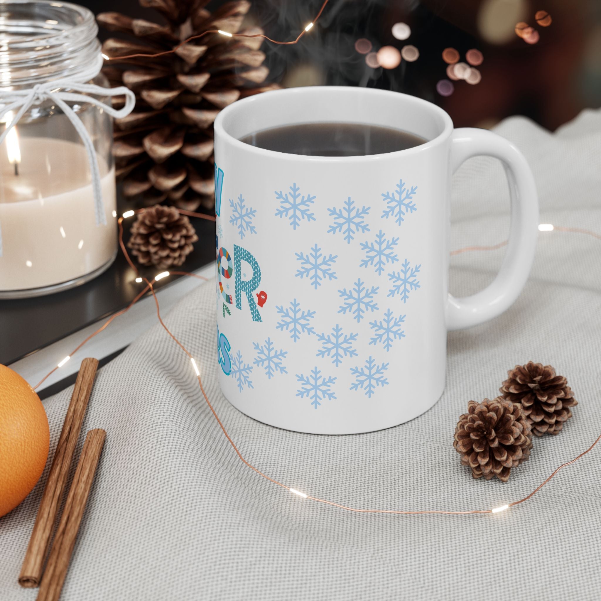 Cozy Winter Vibes Ceramic Mug — Holiday Snowflake Coffee Cup (11oz/15oz)