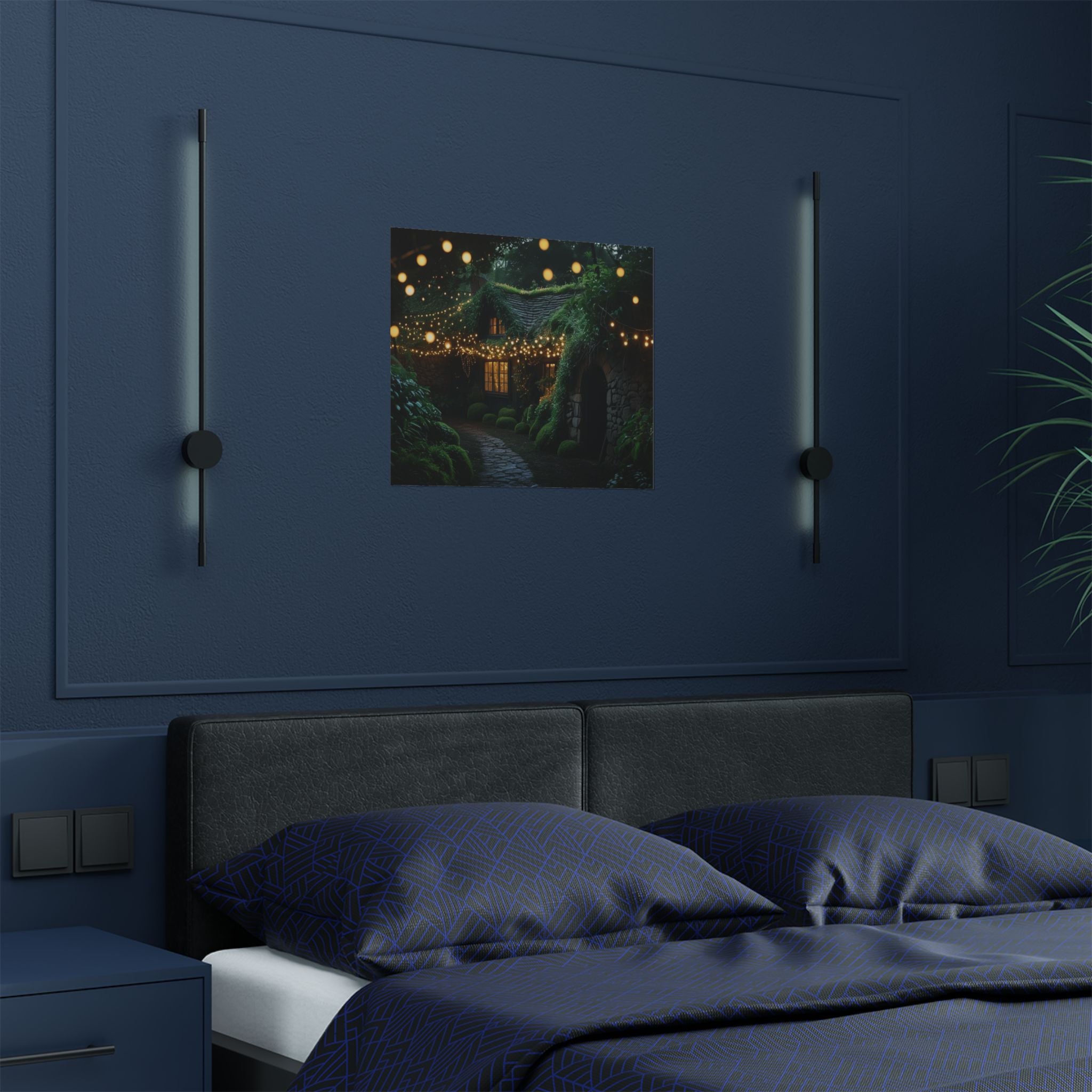 Satin Poster — Enchanted Cottage at Night Wall Art (Fairy Lights, 300gsm)