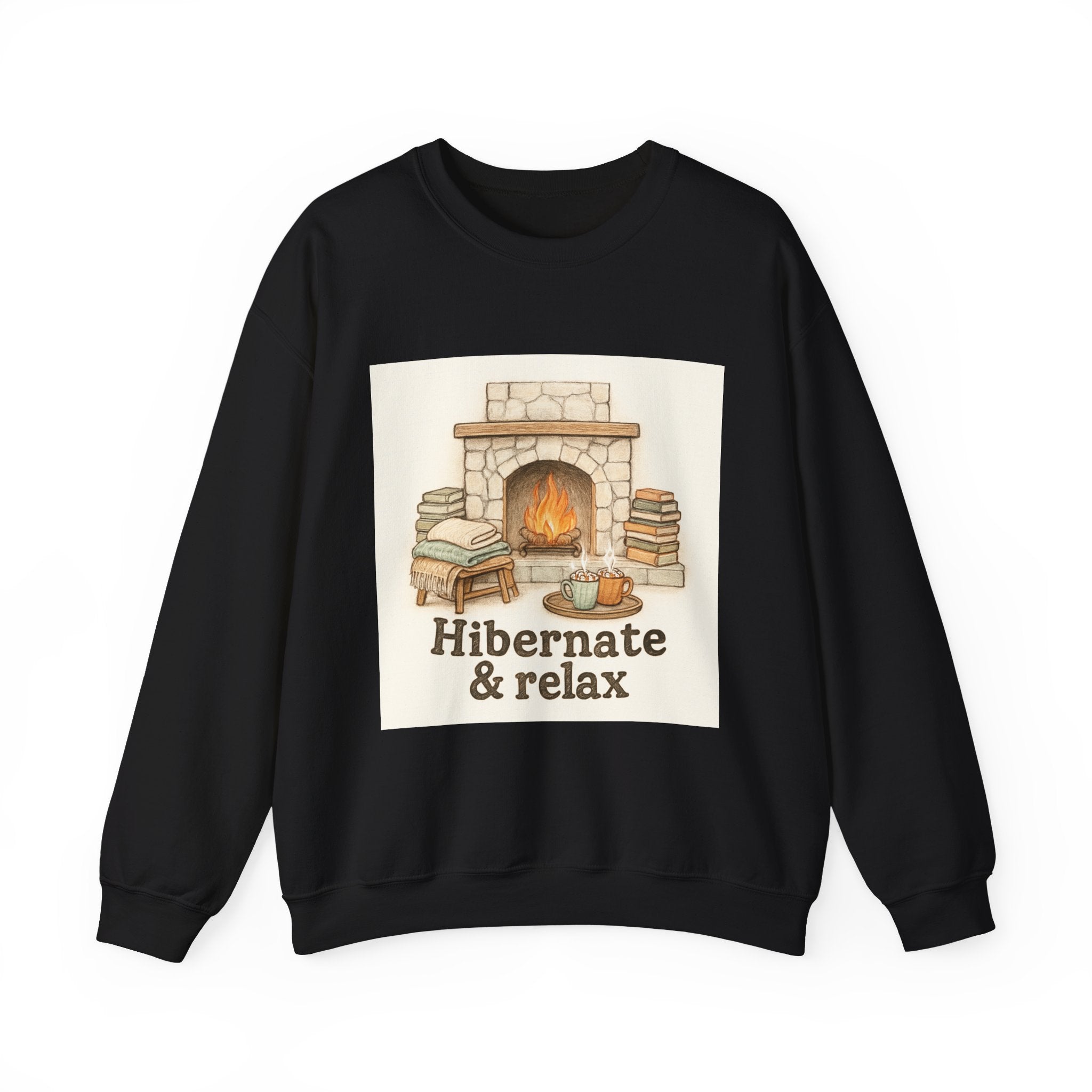 Crewneck Sweatshirt – "Hibernate & Relax" Cozy Fireplace Reading Sweatshirt