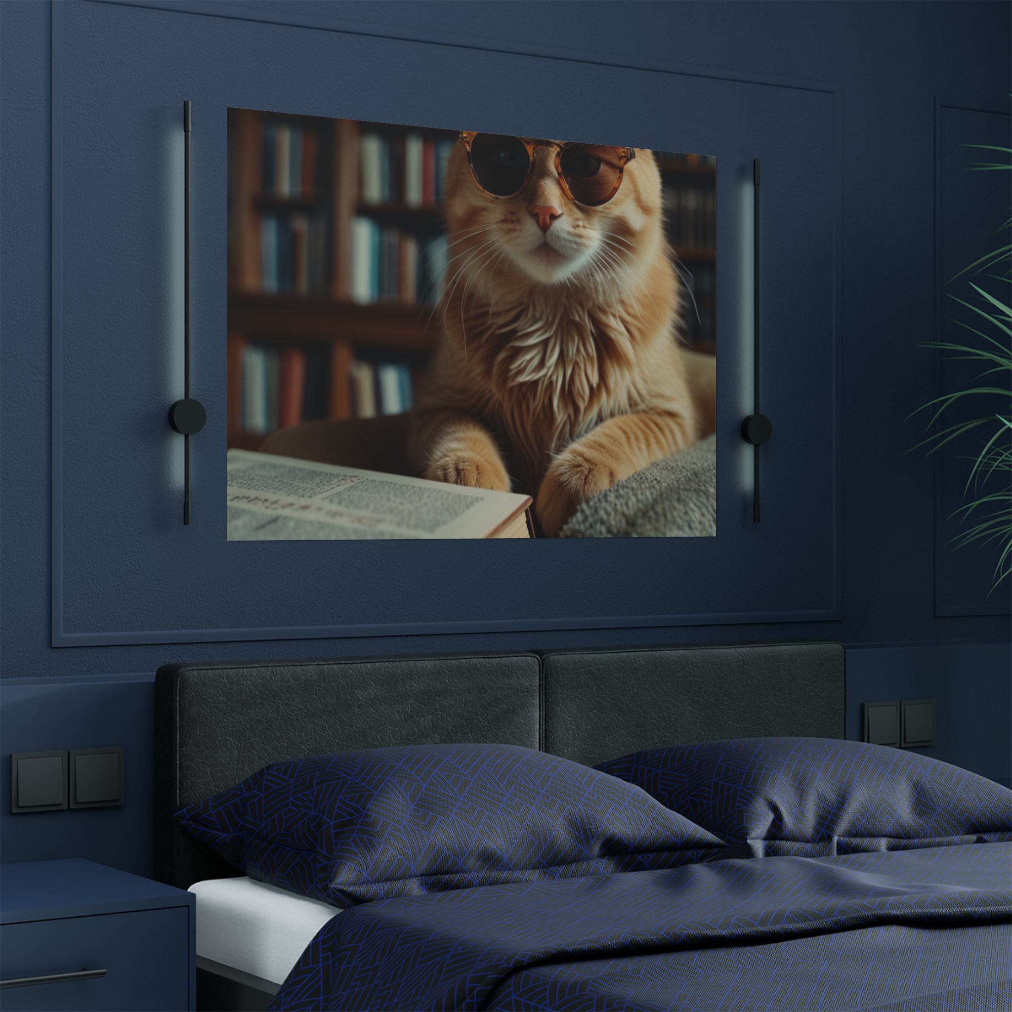 Cool Cat Reading Poster — Retro Sunglasses Cat Art Print (Satin Poster)