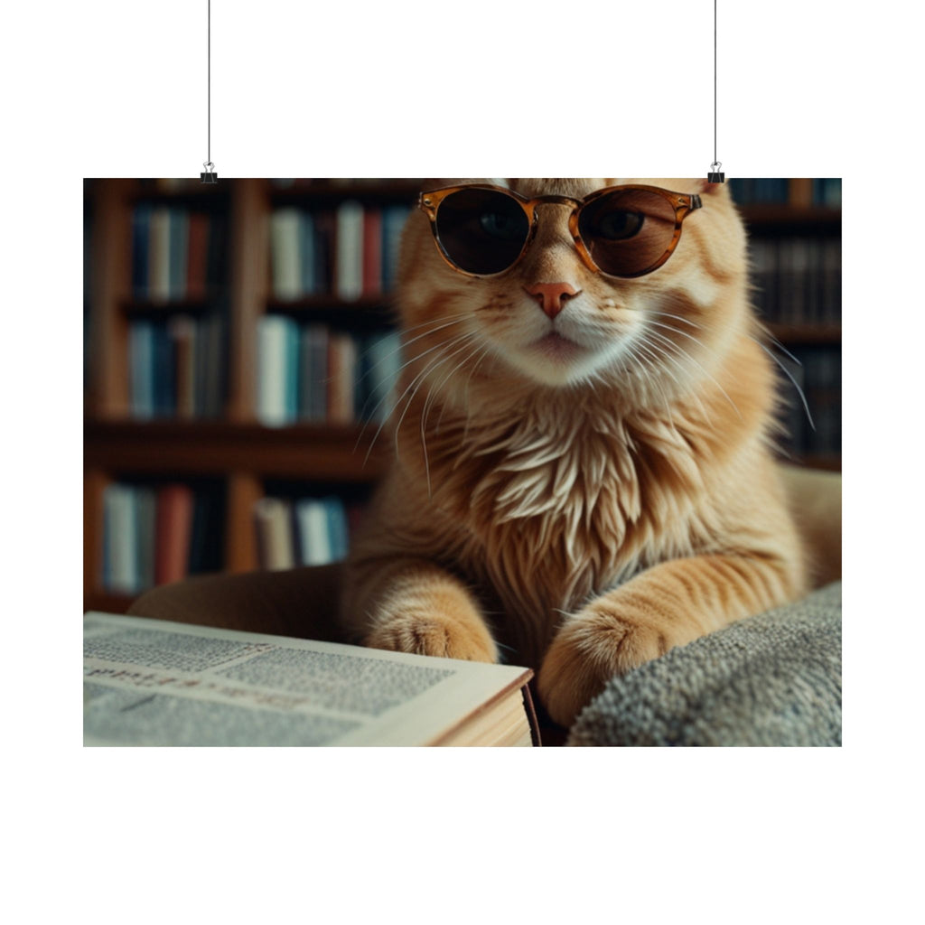 Cool Cat Reading Poster — Retro Sunglasses Cat Art Print (Satin Poster)