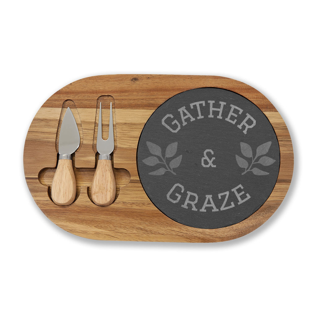 Engraved Acacia Charcuterie Board – “Gather & Graze” Slate Insert with Cheese Tools