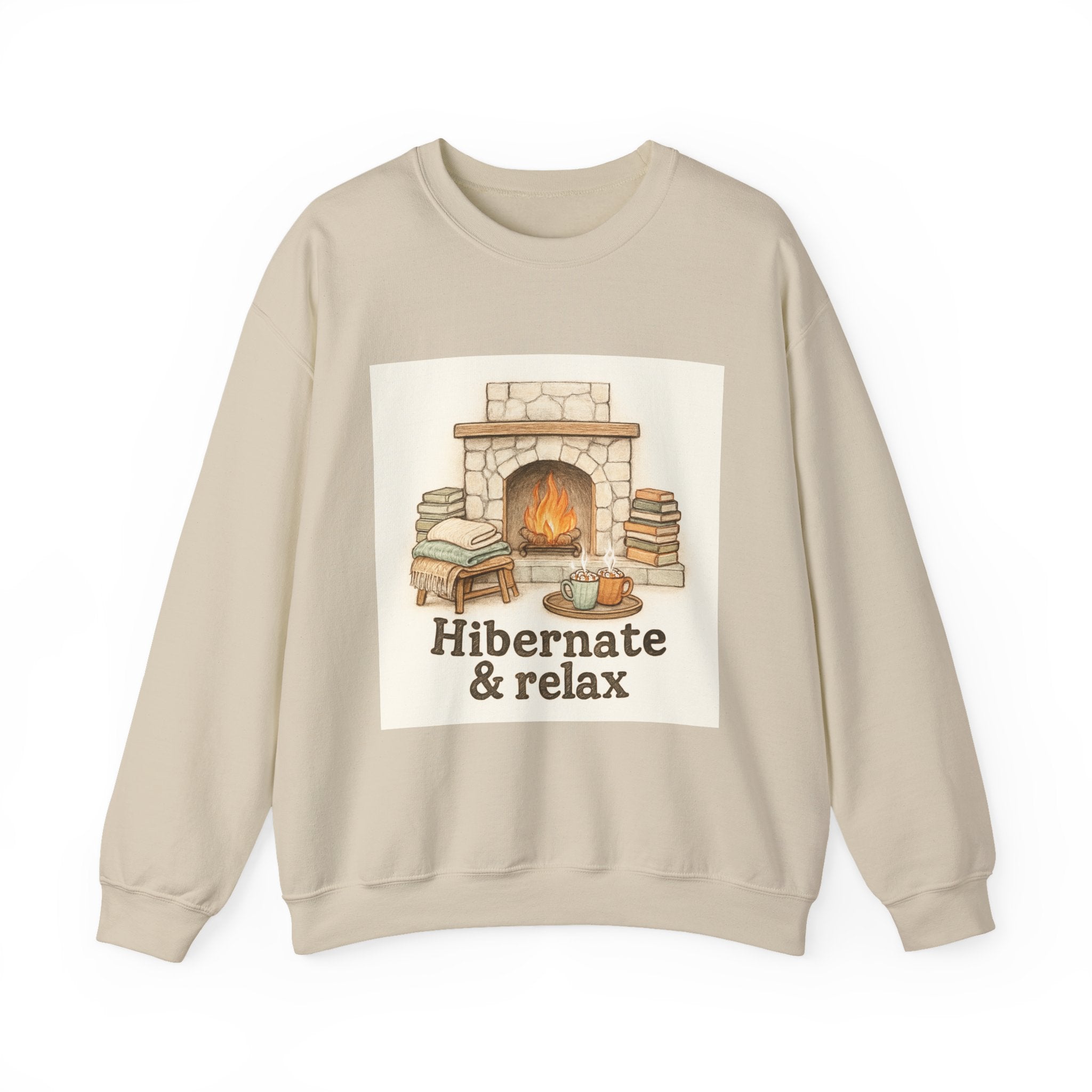 Crewneck Sweatshirt – "Hibernate & Relax" Cozy Fireplace Reading Sweatshirt