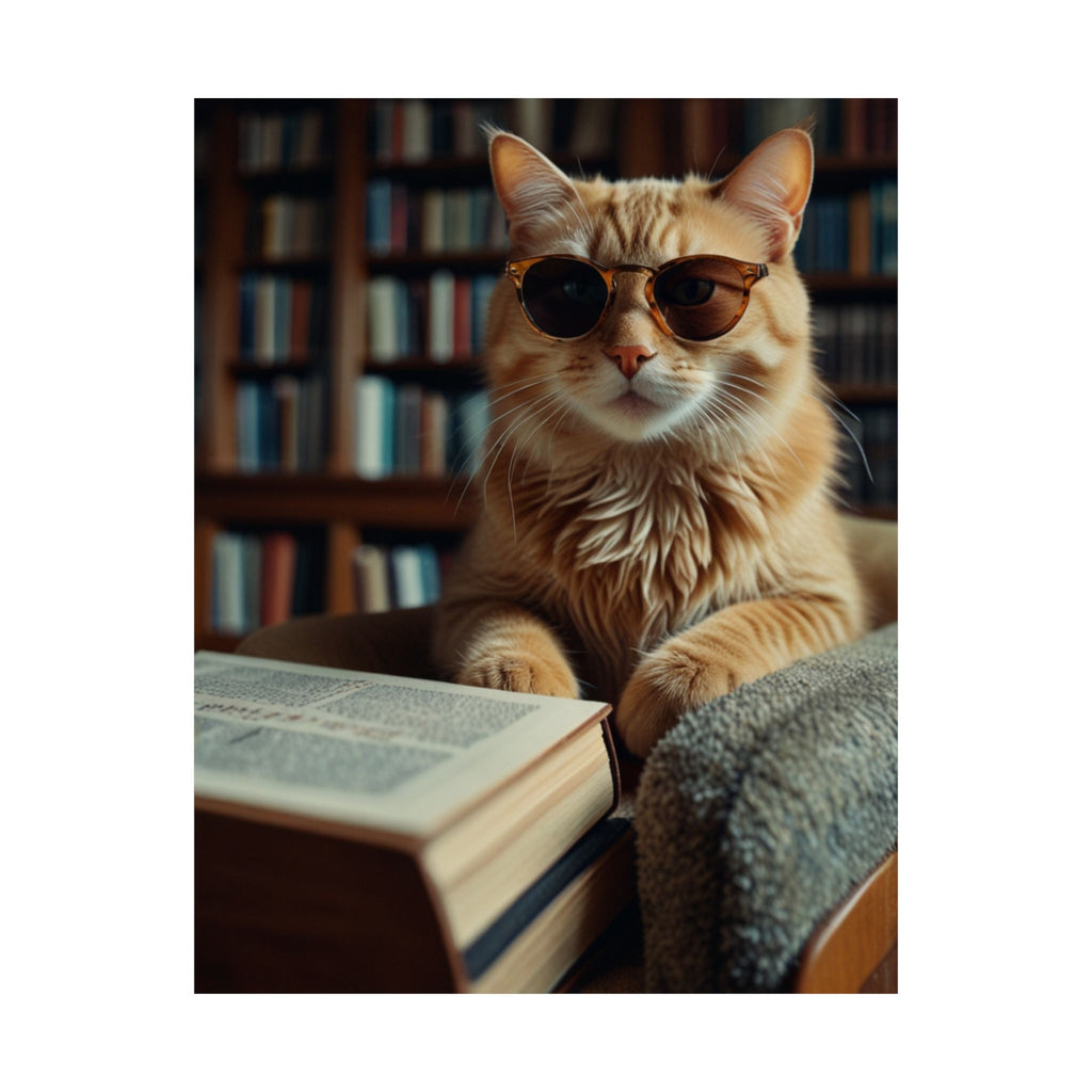 Cool Cat Reading Poster — Retro Sunglasses Cat Art Print (Satin Poster)