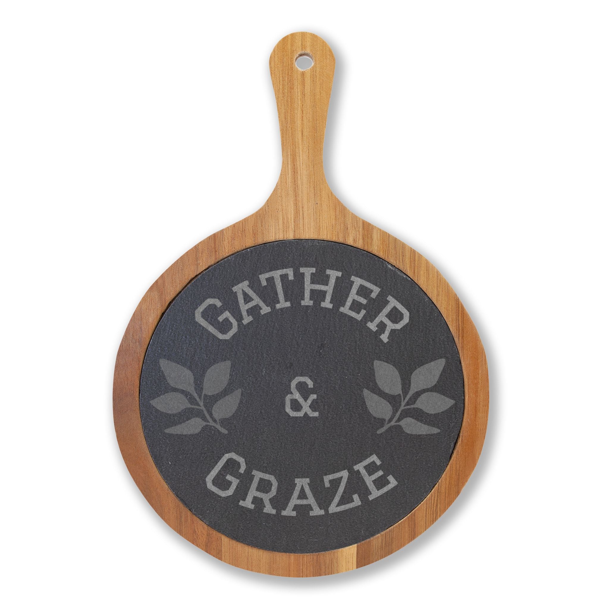 Engraved Acacia Charcuterie Board – “Gather & Graze” Slate Insert with Cheese Tools