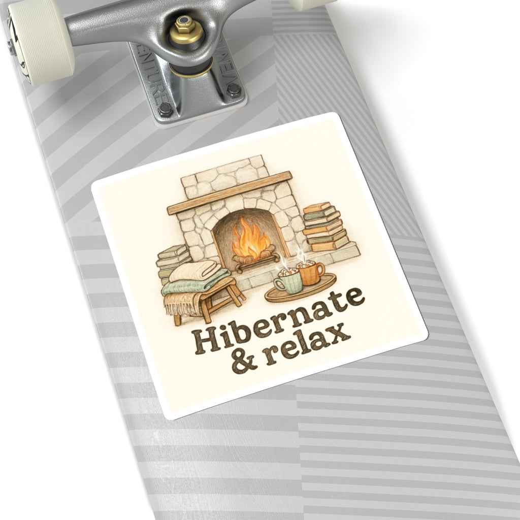 Hibernate & Relax Sticker — Cozy Fireplace, Books & Hot Cocoa Kiss-Cut Sticker