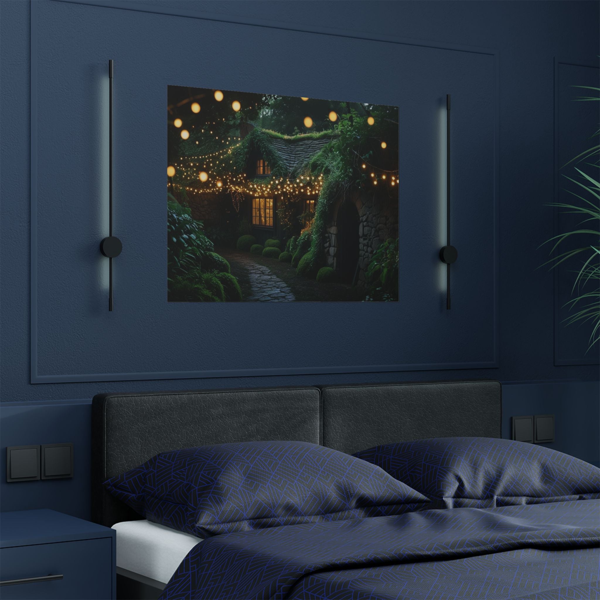 Satin Poster — Enchanted Cottage at Night Wall Art (Fairy Lights, 300gsm)