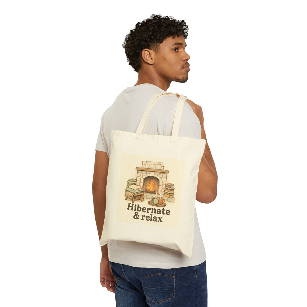 Hibernate & Relax Tote Bag — Cozy Fireplace Canvas Tote for Book Lovers