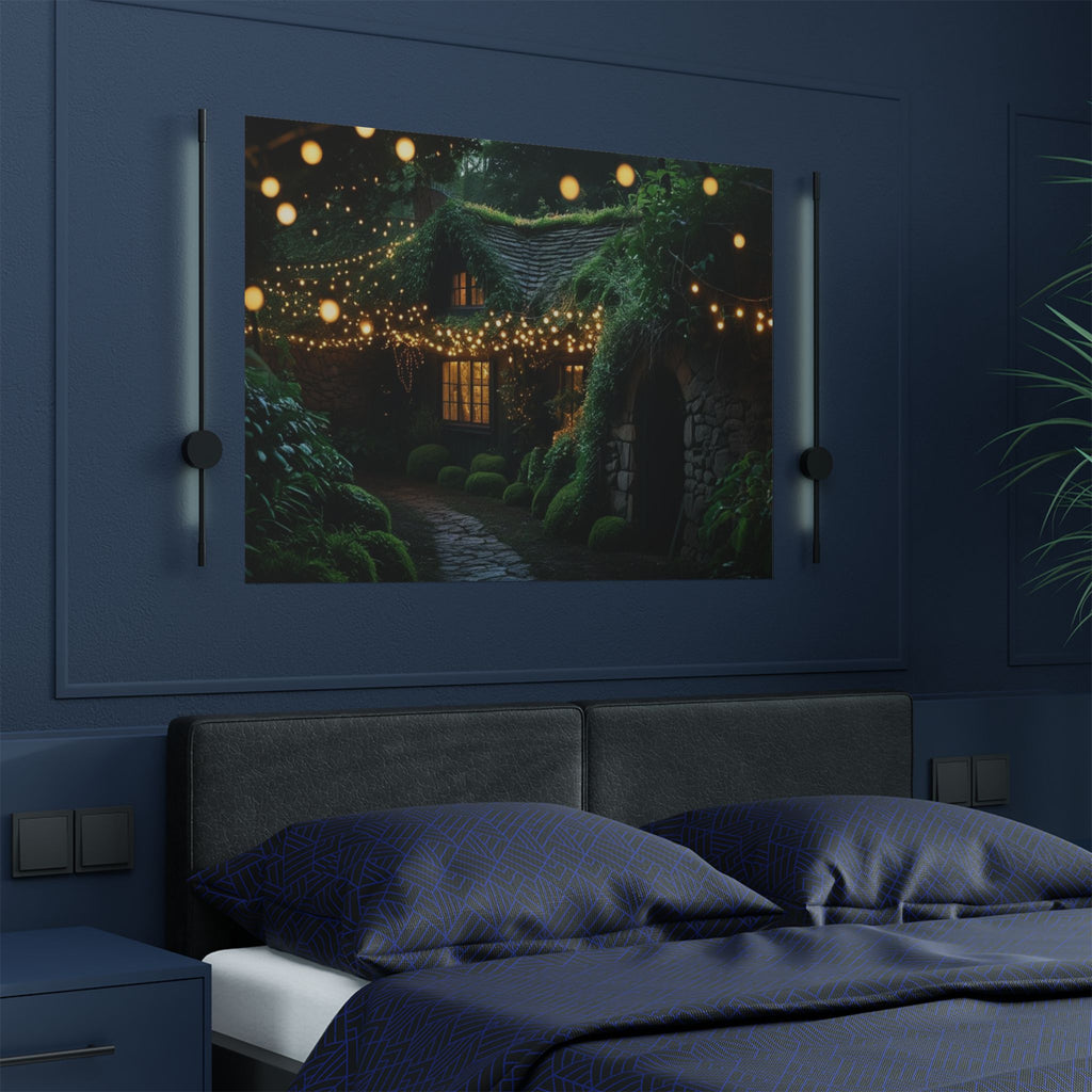 Satin Poster — Enchanted Cottage at Night Wall Art (Fairy Lights, 300gsm)