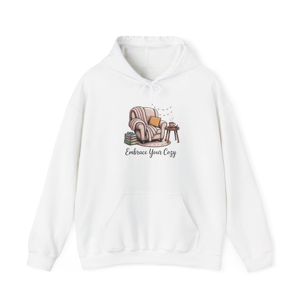Cozy Reading Hoodie – "Embrace Your Cozy" Armchair Graphic Sweatshirt
