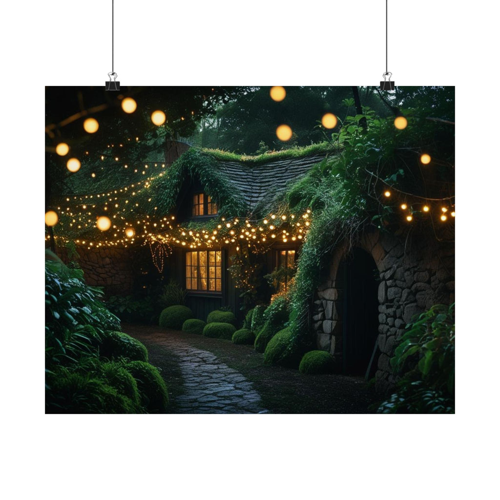 Satin Poster — Enchanted Cottage at Night Wall Art (Fairy Lights, 300gsm)