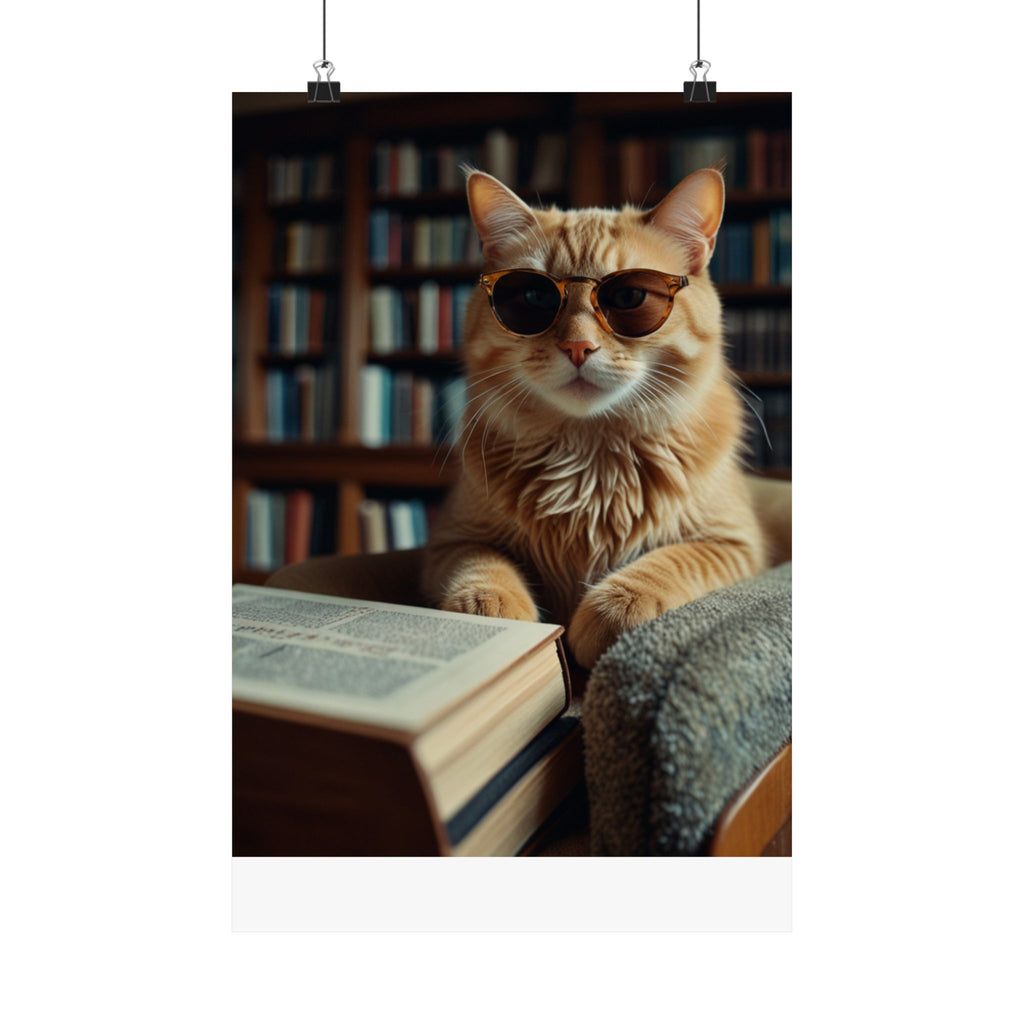Cool Cat Reading Poster — Retro Sunglasses Cat Art Print (Satin Poster)